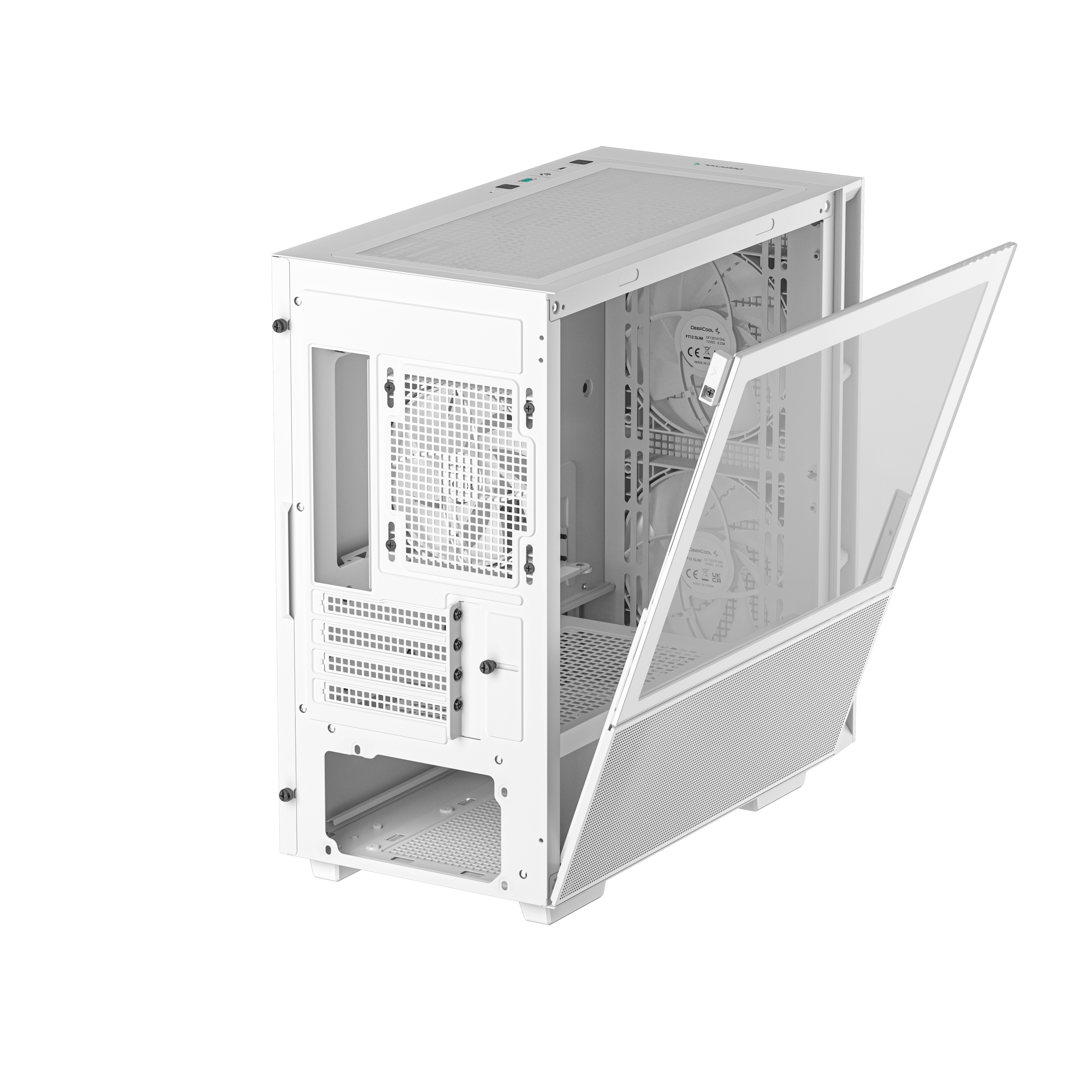 Un boîtier d'ordinateur blanc avec la porte vitrée ouverte, montrant les composants à l'intérieur.