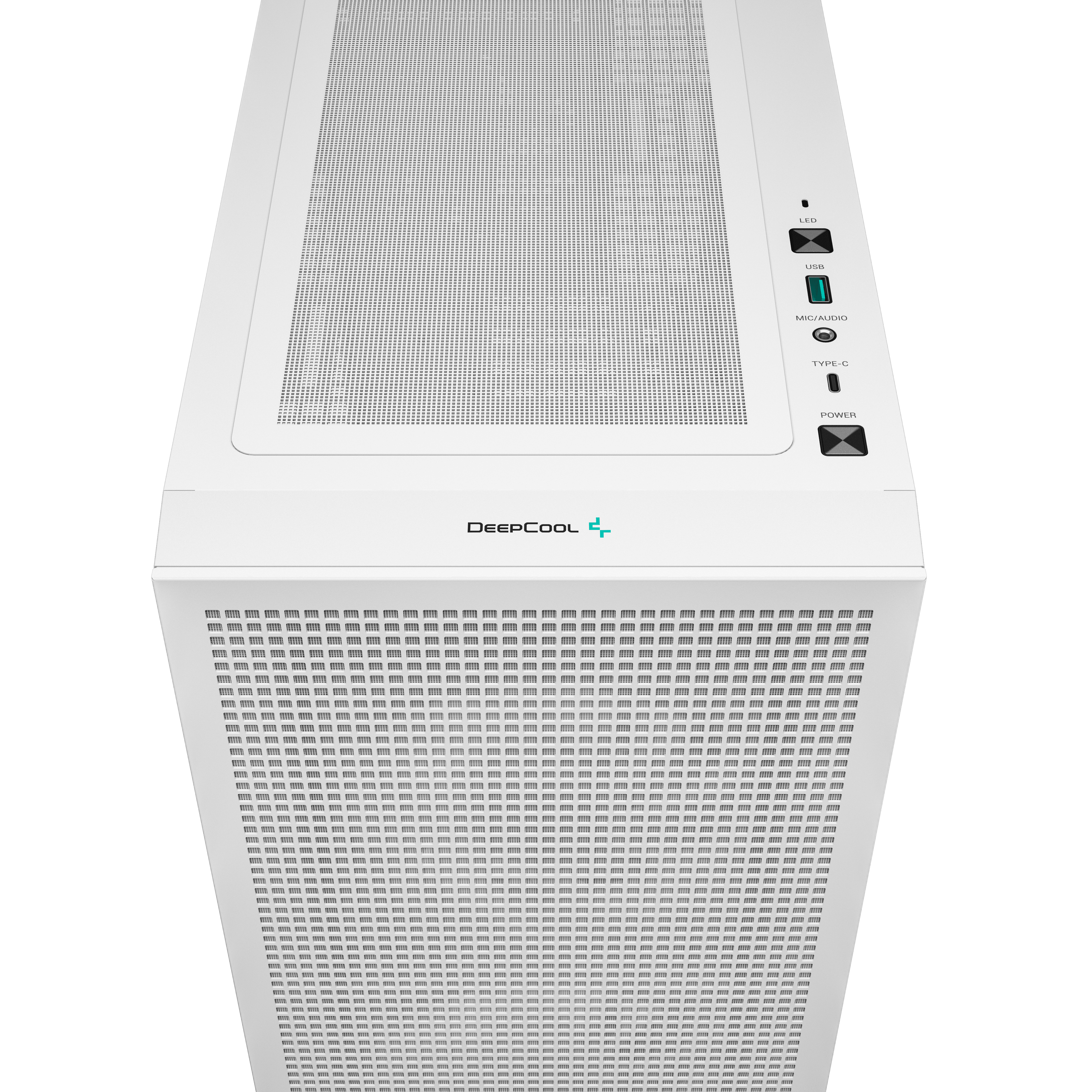 Vue de dessus du boîtier PC avec boutons, ports et ventilation. Fond blanc.