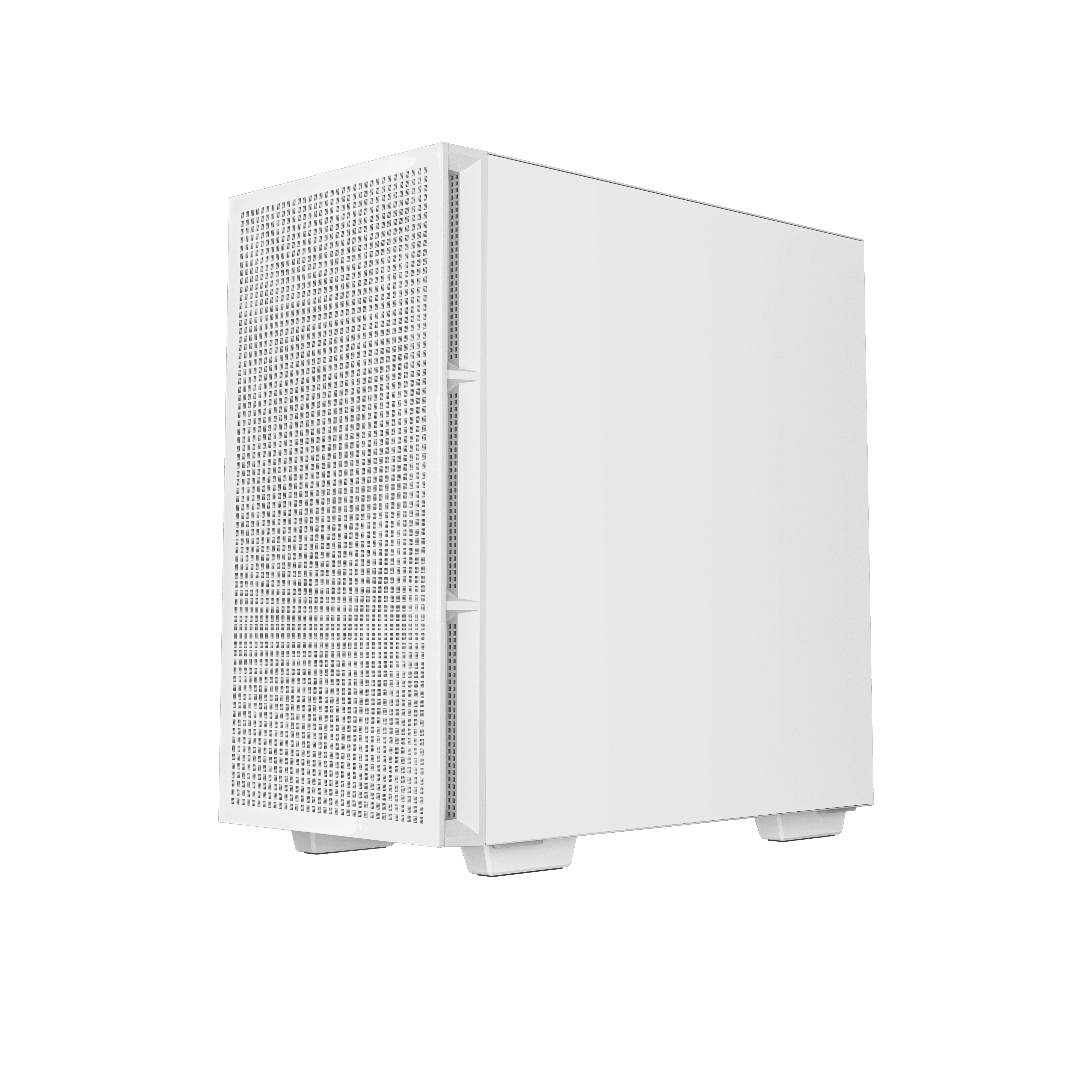 Boîtier d'ordinateur blanc. Le panneau avant a un design perforé. Fond blanc.