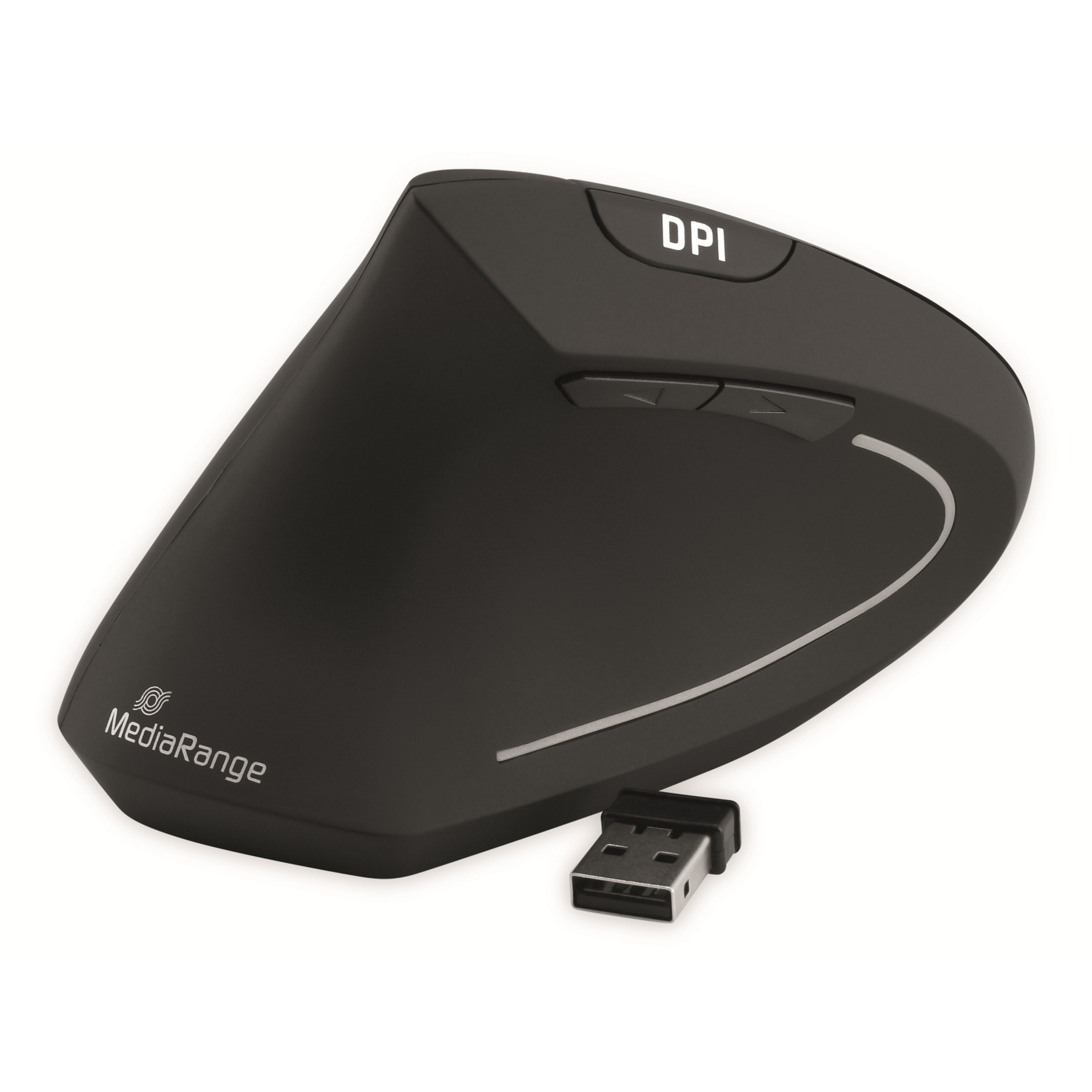 Czarna ergonomiczna mysz z przyciskami DPI i odbiornikiem USB.