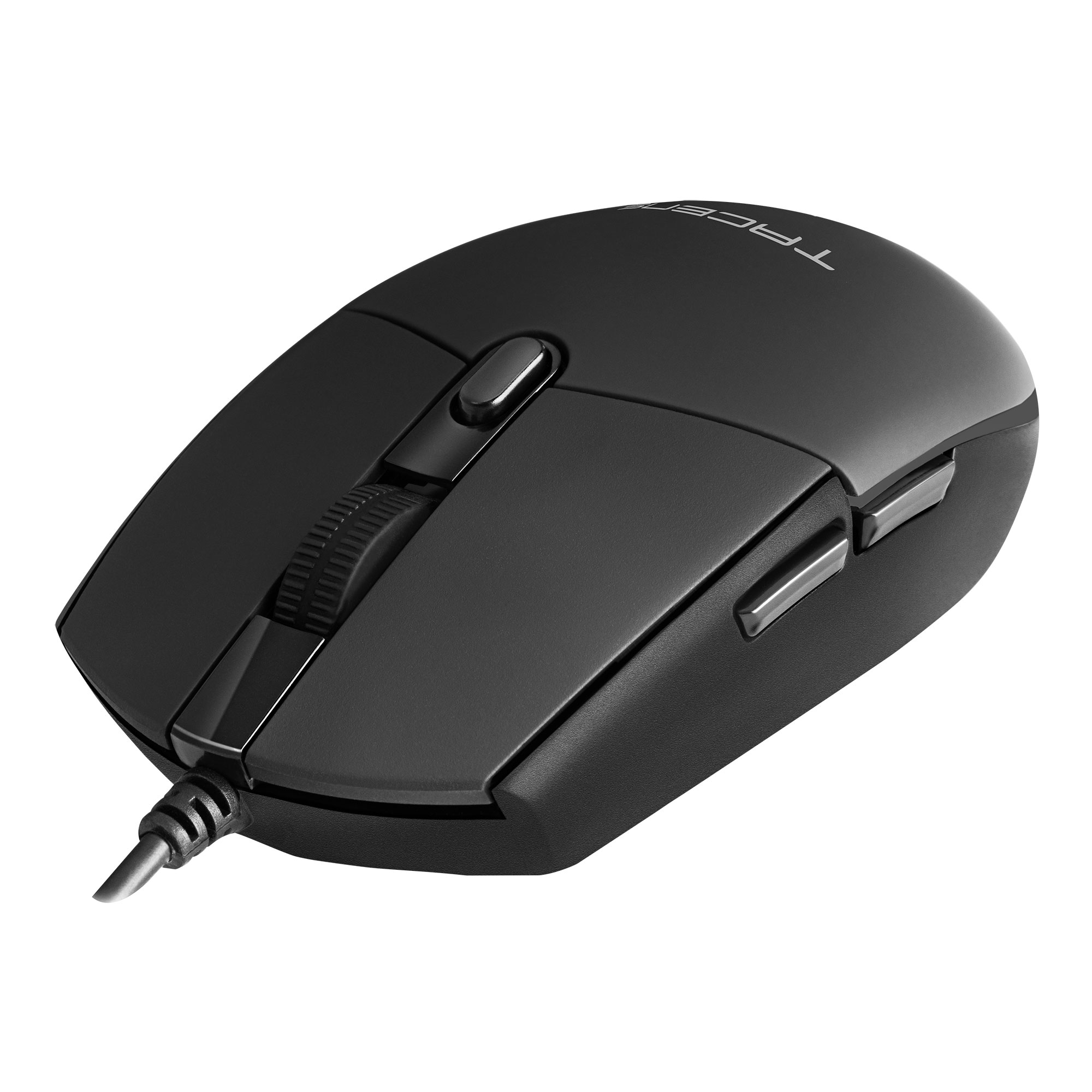 A black computer mouse with multiple buttons and a scroll wheel. It is on a white background.
