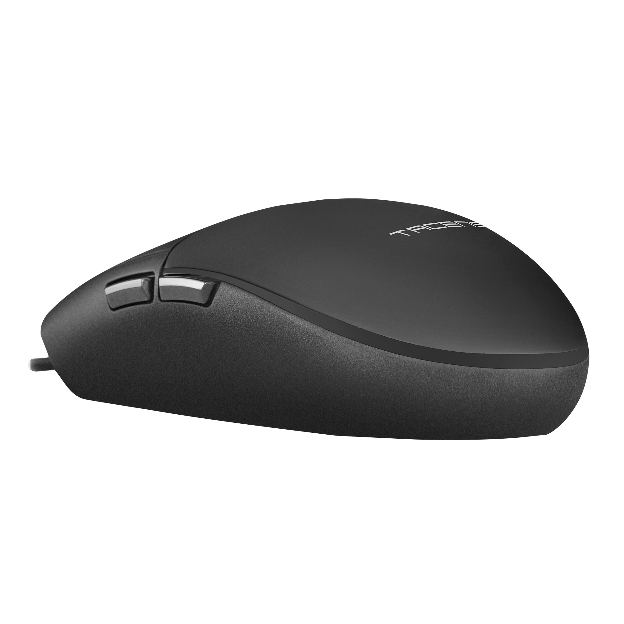 Black computer mouse. Side buttons and a cord. White background.