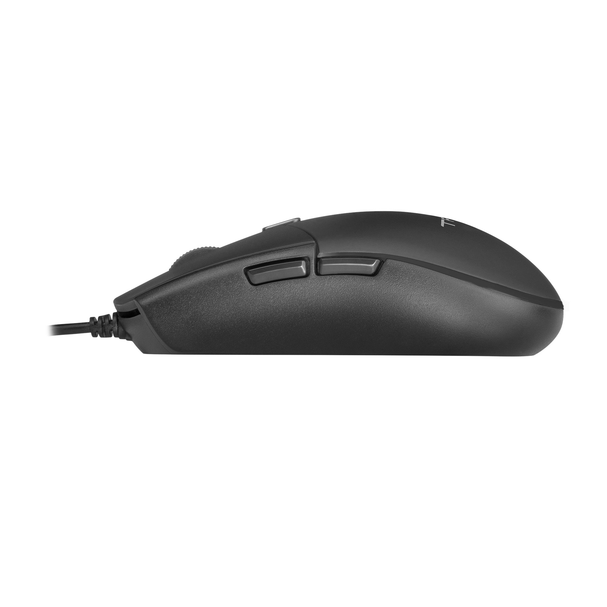 Black gaming mouse, side view. Two buttons and cable are visible. No other details.