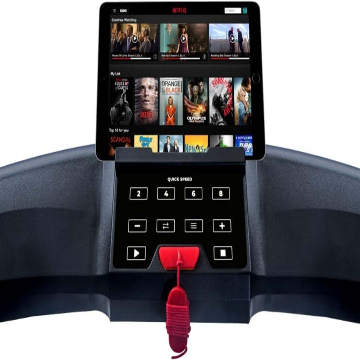 Laufband mit Tablet, das Netflix anzeigt. Bedienfeld mit Schnellwahltasten.