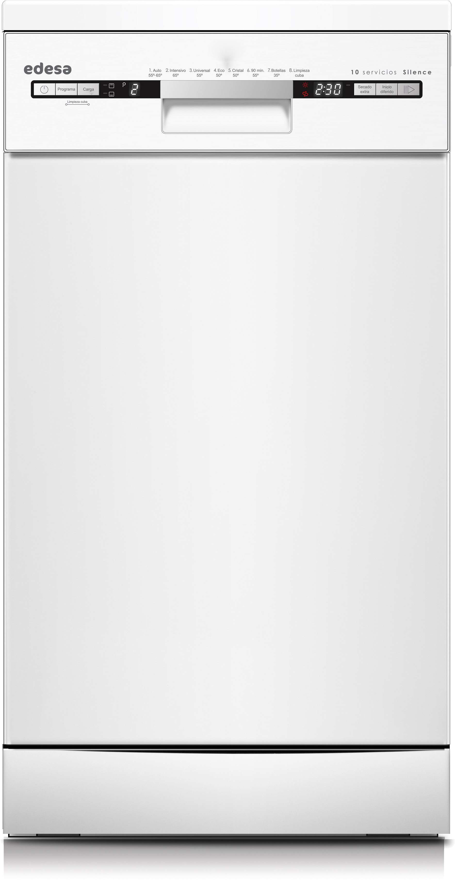 Lavavajillas blanco con pantalla digital y botones. Logo 'edesa' arriba. La puerta está en blanco.
