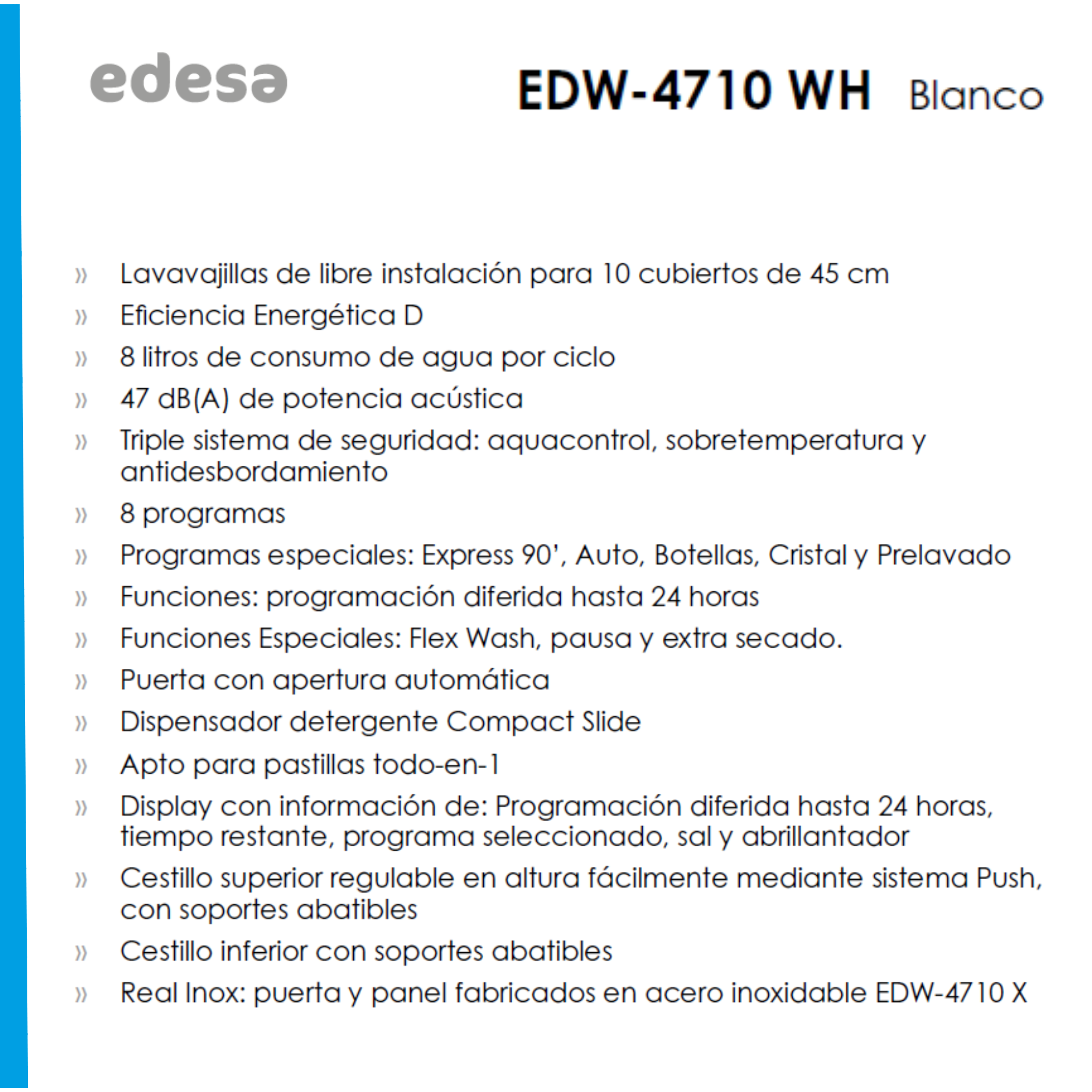 Texto blanco con información del producto. Marca y número de modelo Edesa. Fondo blanco.
