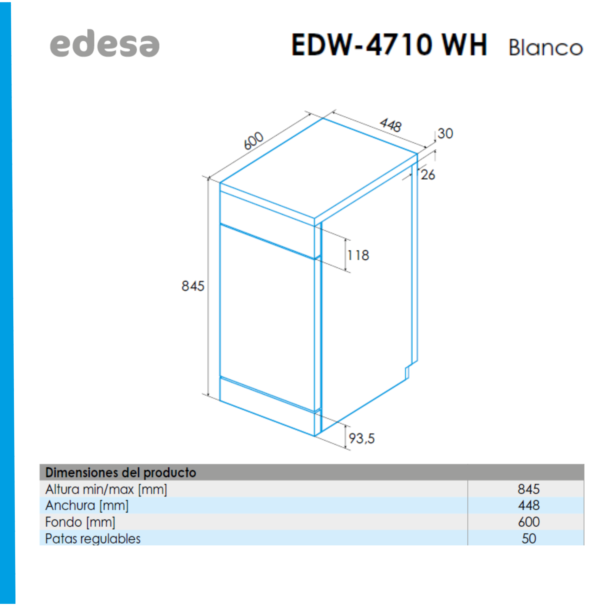 Dibujo técnico de un lavavajillas blanco. Dimensiones etiquetadas. Texto superior dice EDW-4710 WH Blanco.