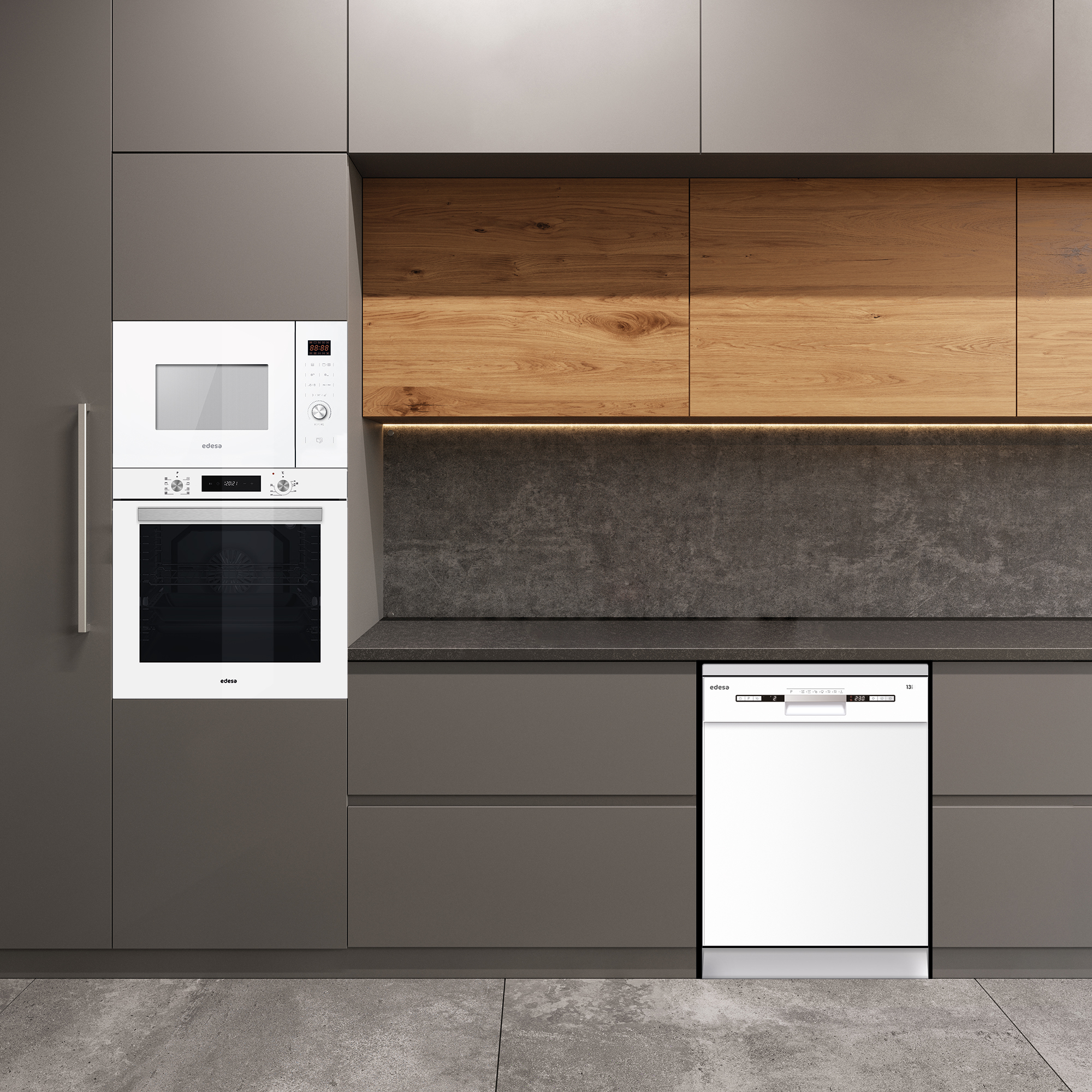 Cocina con microondas y horno blancos, gabinetes grises, paneles de madera y lavavajillas.