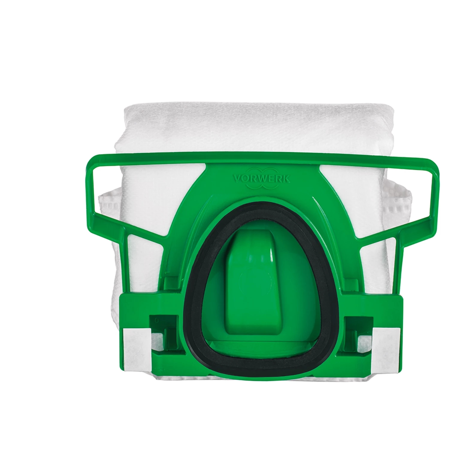 Cornice verde per sacco aspirapolvere Vorwerk con sacco filtro bianco all'interno.