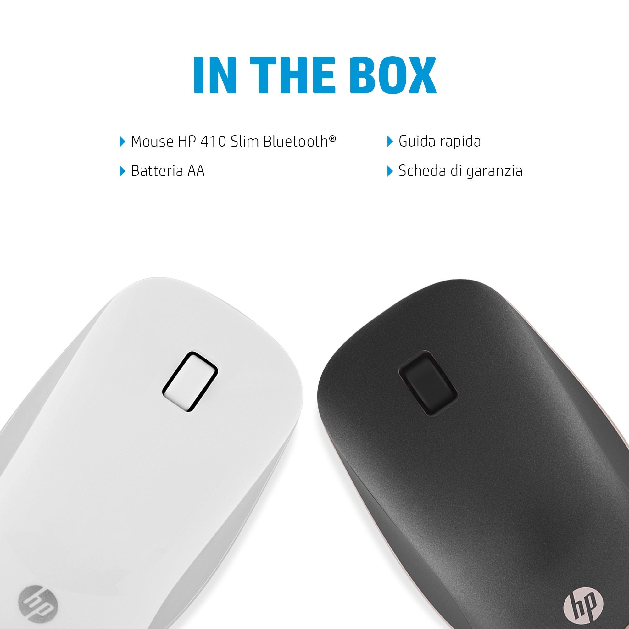 Ratón de ordenador blanco y negro. Texto dice lo que hay en la caja: ratón, guía y batería.