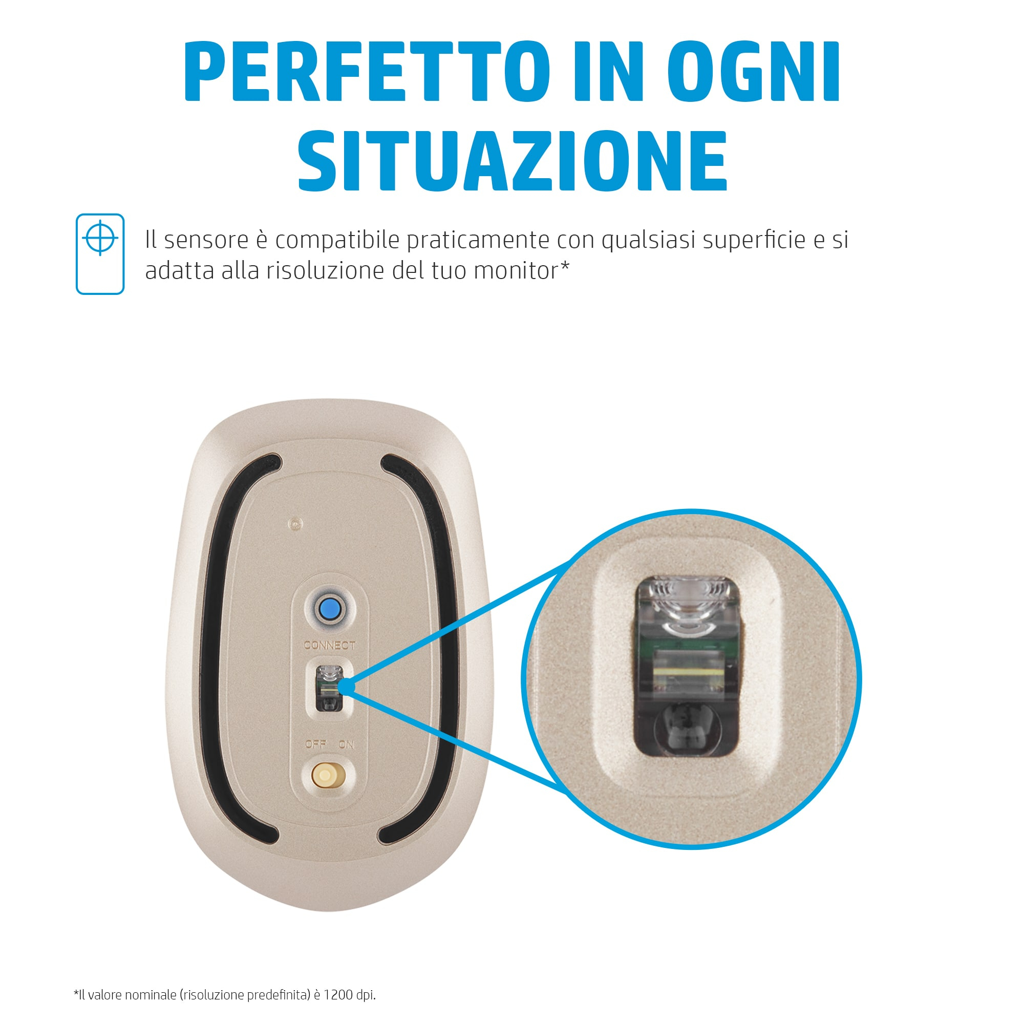 Un ratón de computadora beige con un botón azul empotrado y un primer plano detallado de su área de sensor.