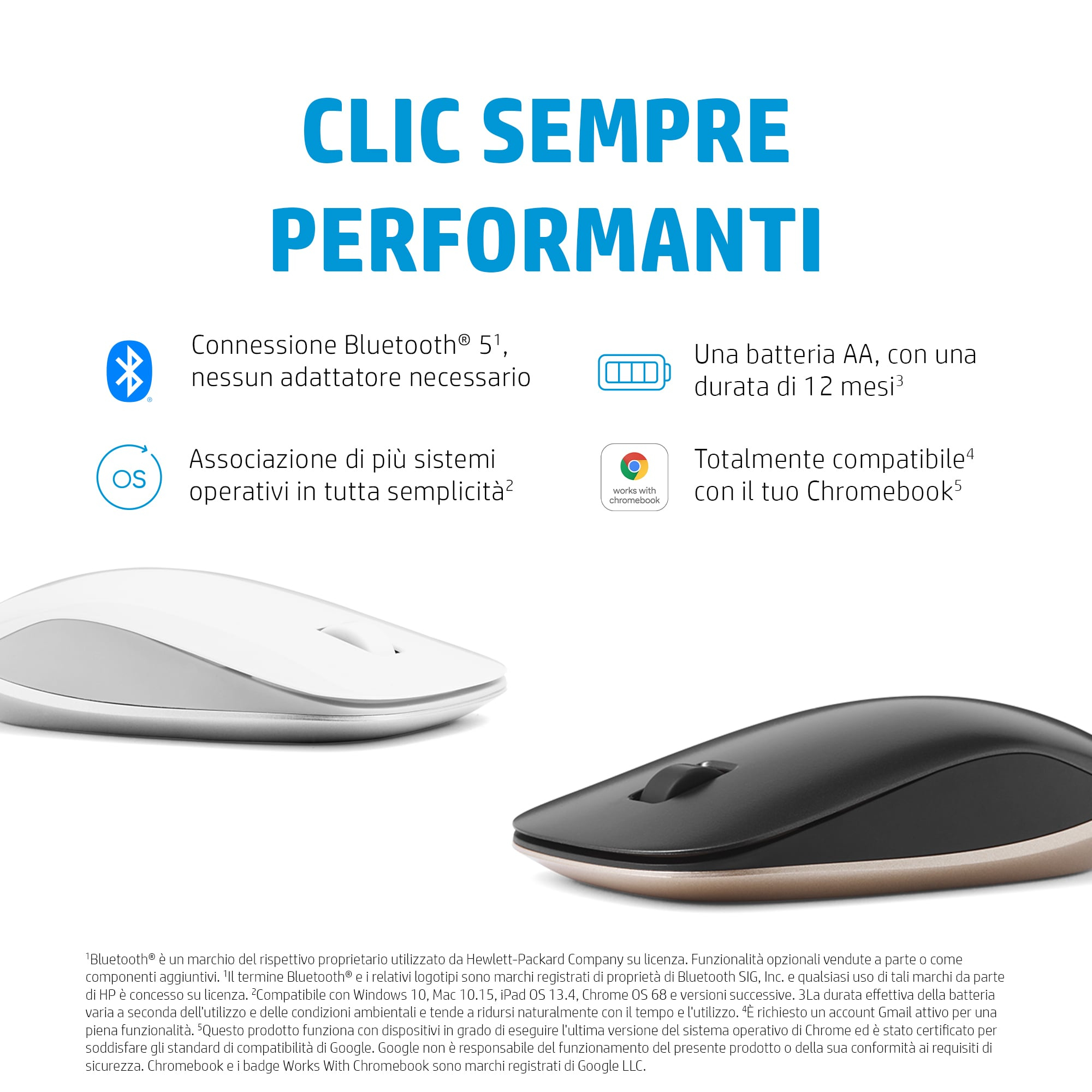 Dos ratones de computadora inalámbricos, uno negro y otro blanco, con texto sobre Bluetooth y características.