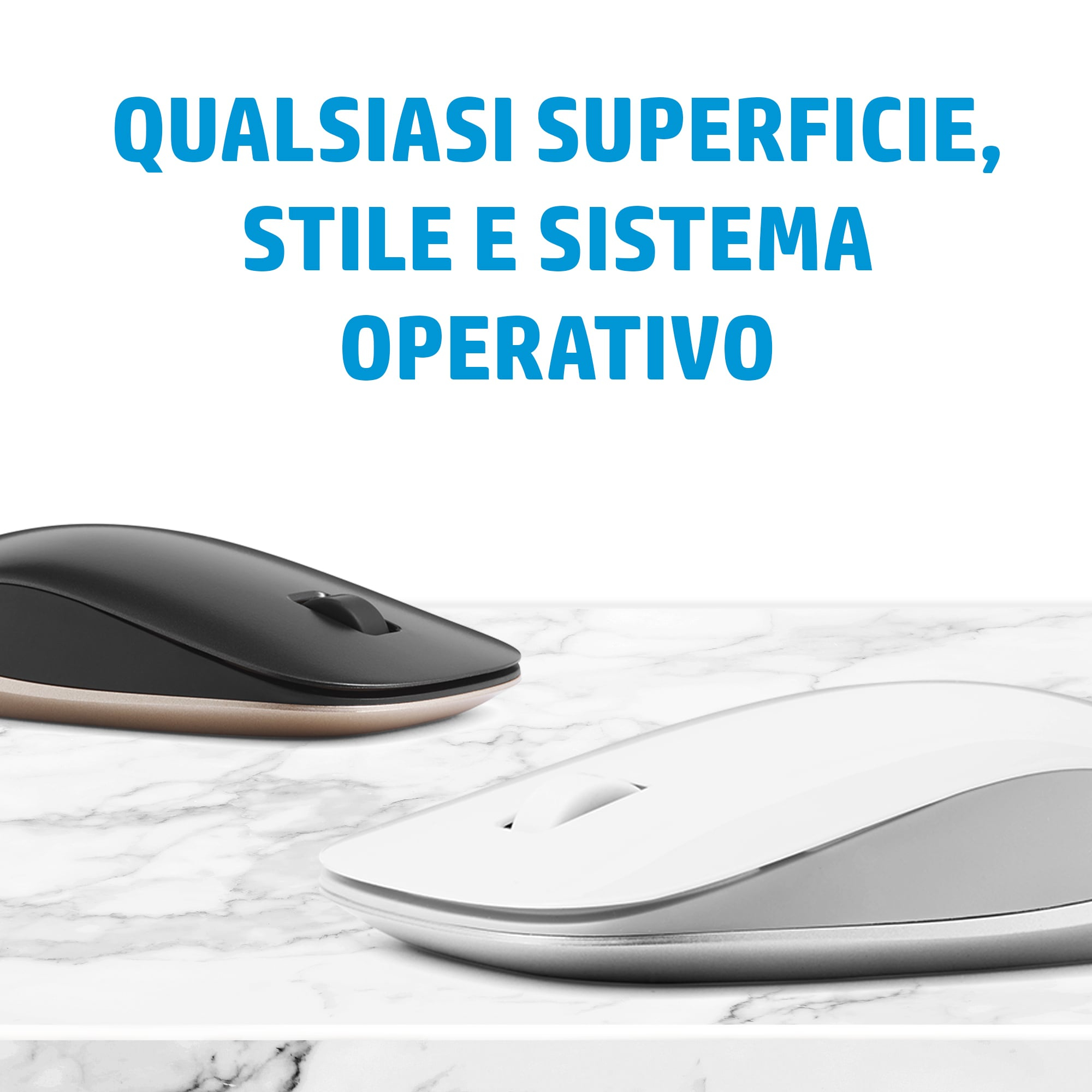 Dos ratones de ordenador. Uno negro y dorado, el otro blanco. Texto: “CUALQUIER SUPERFICIE, ESTILO Y SISTEMA OPERATIVO”.