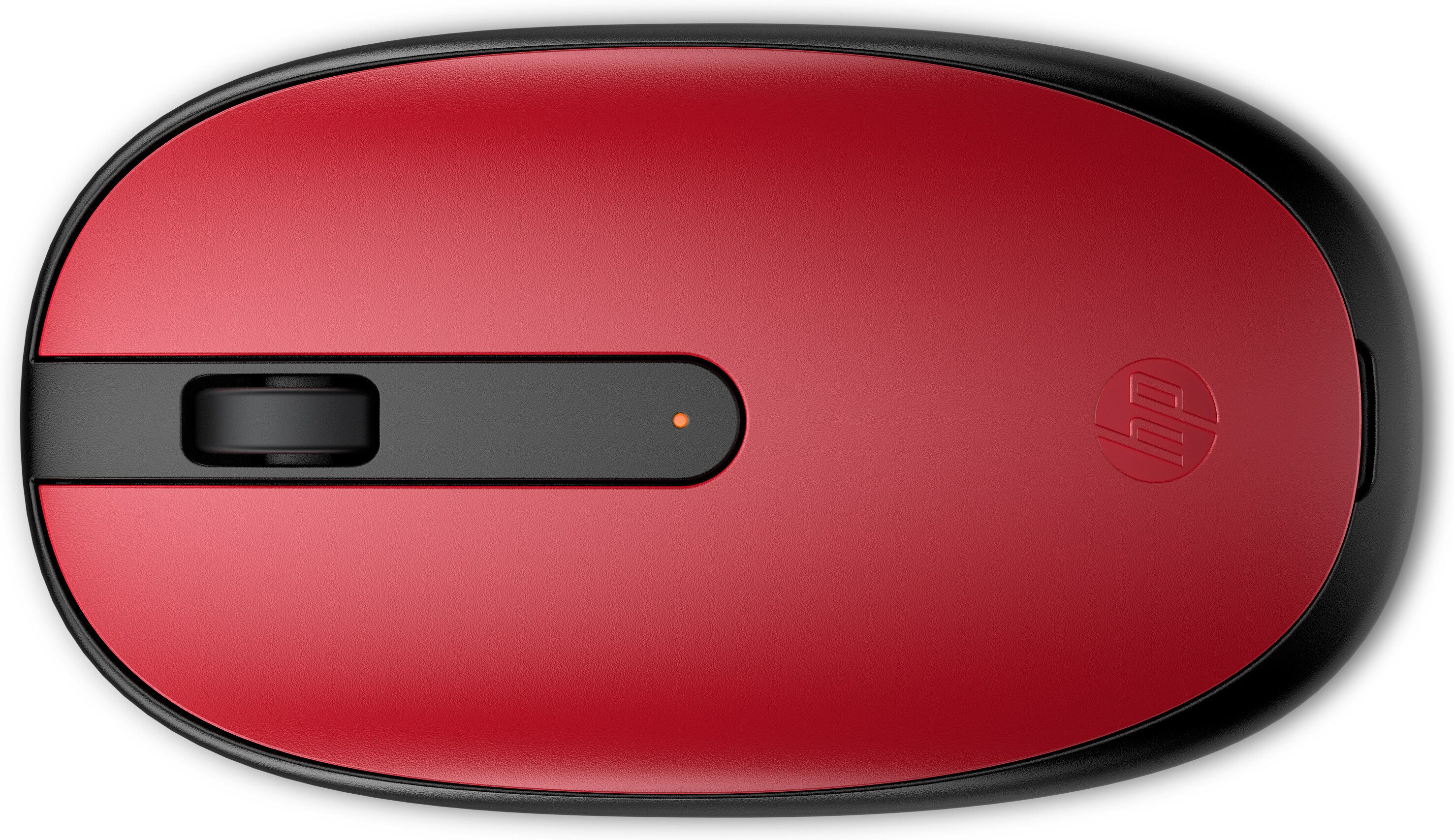 Souris d'ordinateur rouge et noire. Dessus rouge, molette et base noires avec logo HP.