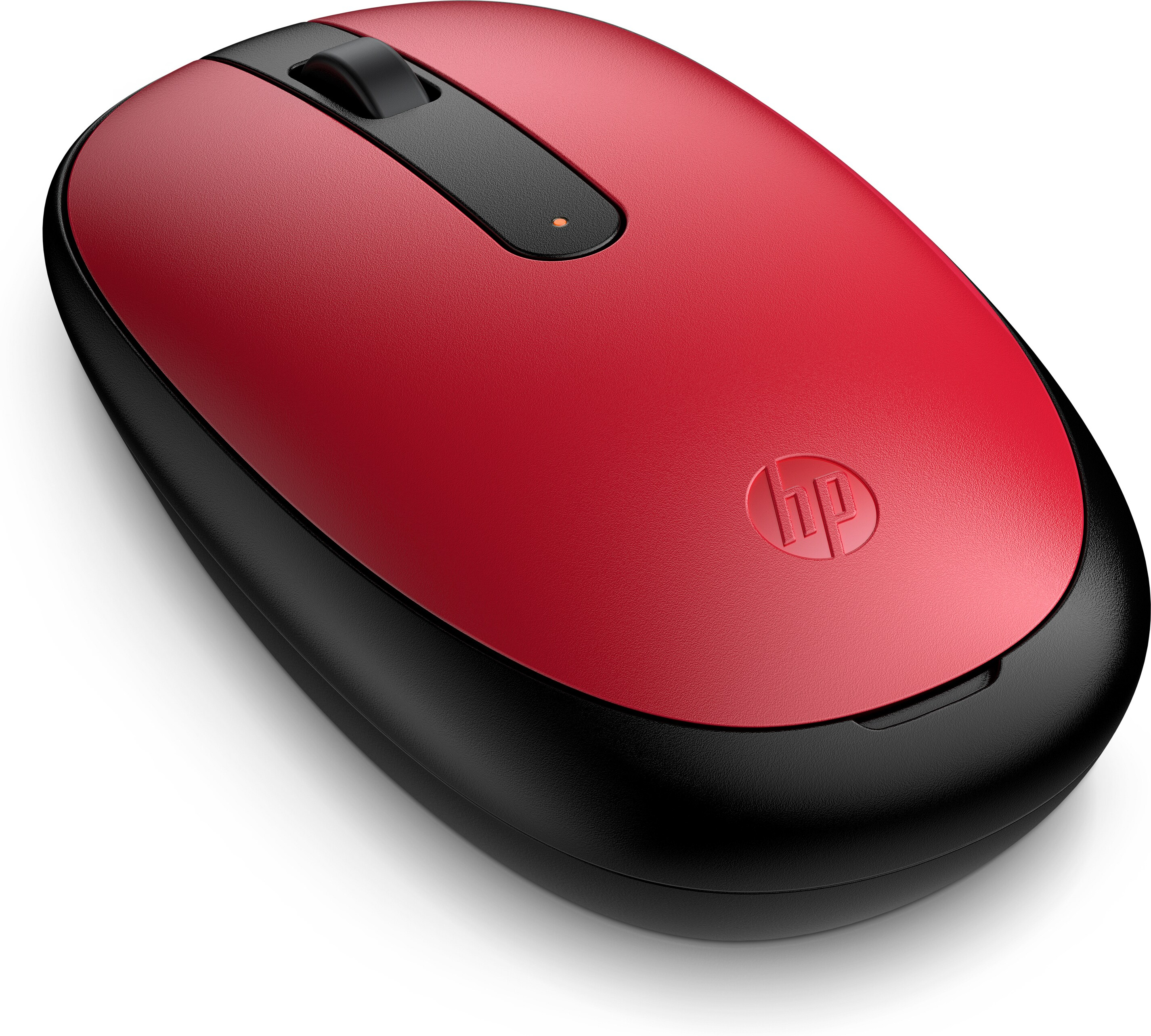 Souris HP rouge et noire avec une molette de défilement et le logo HP. Le dessus est rouge.