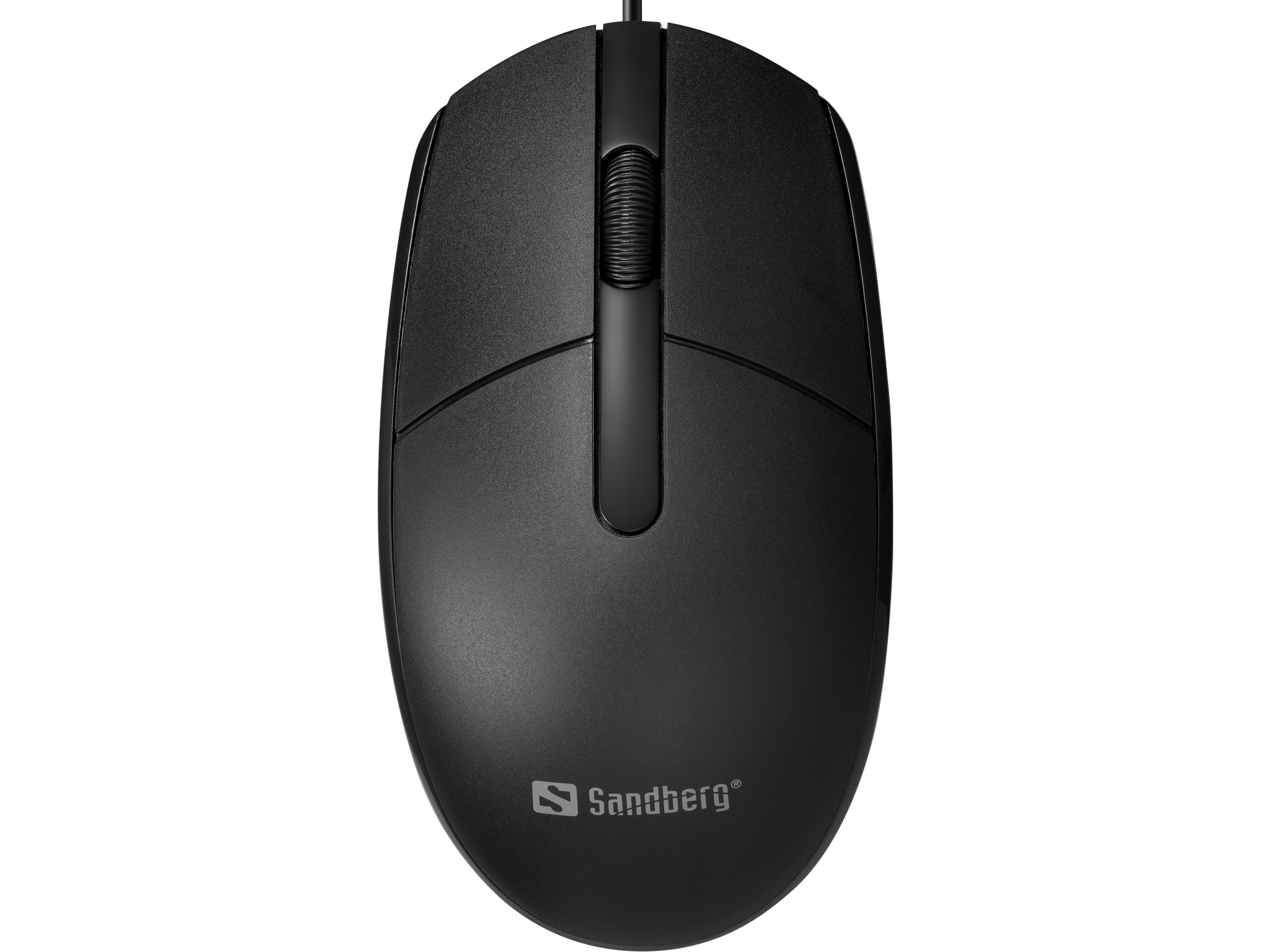 Schwarze Computermaus. Scrollrad und Logo. Schwarzer Körper. Weißer Hintergrund.