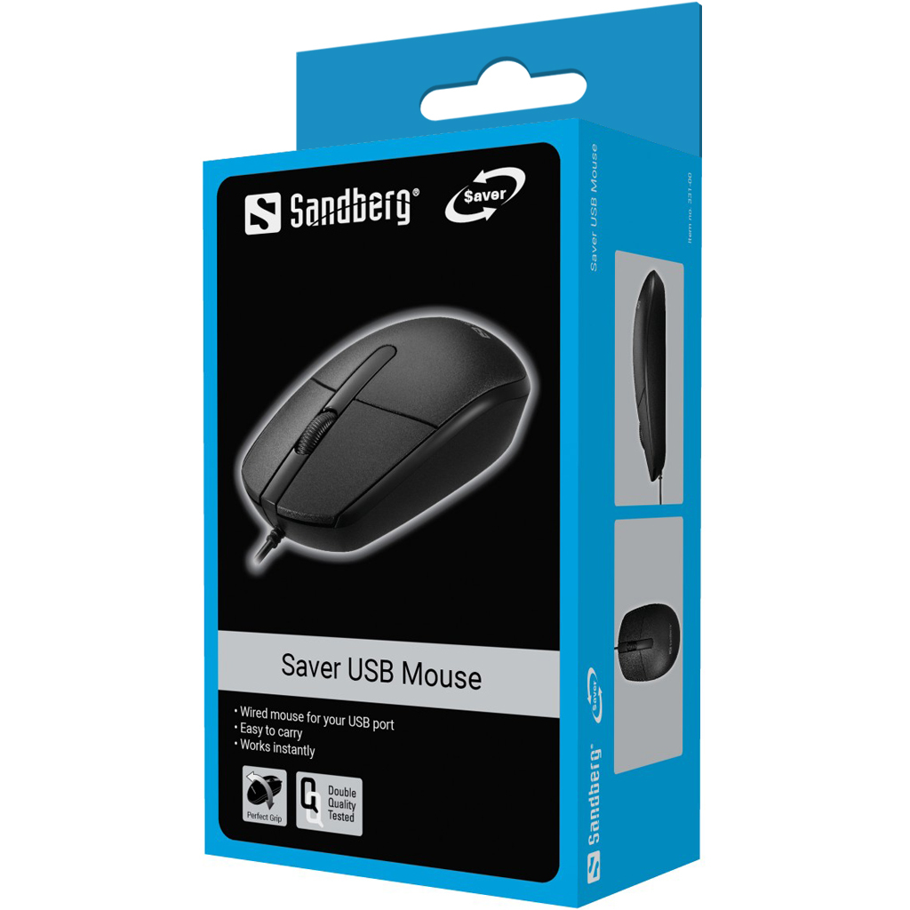Eine schwarze USB-Maus mit Verpackung, die Maus, Funktionen und eine Seitenansicht vor weißem Hintergrund zeigt.