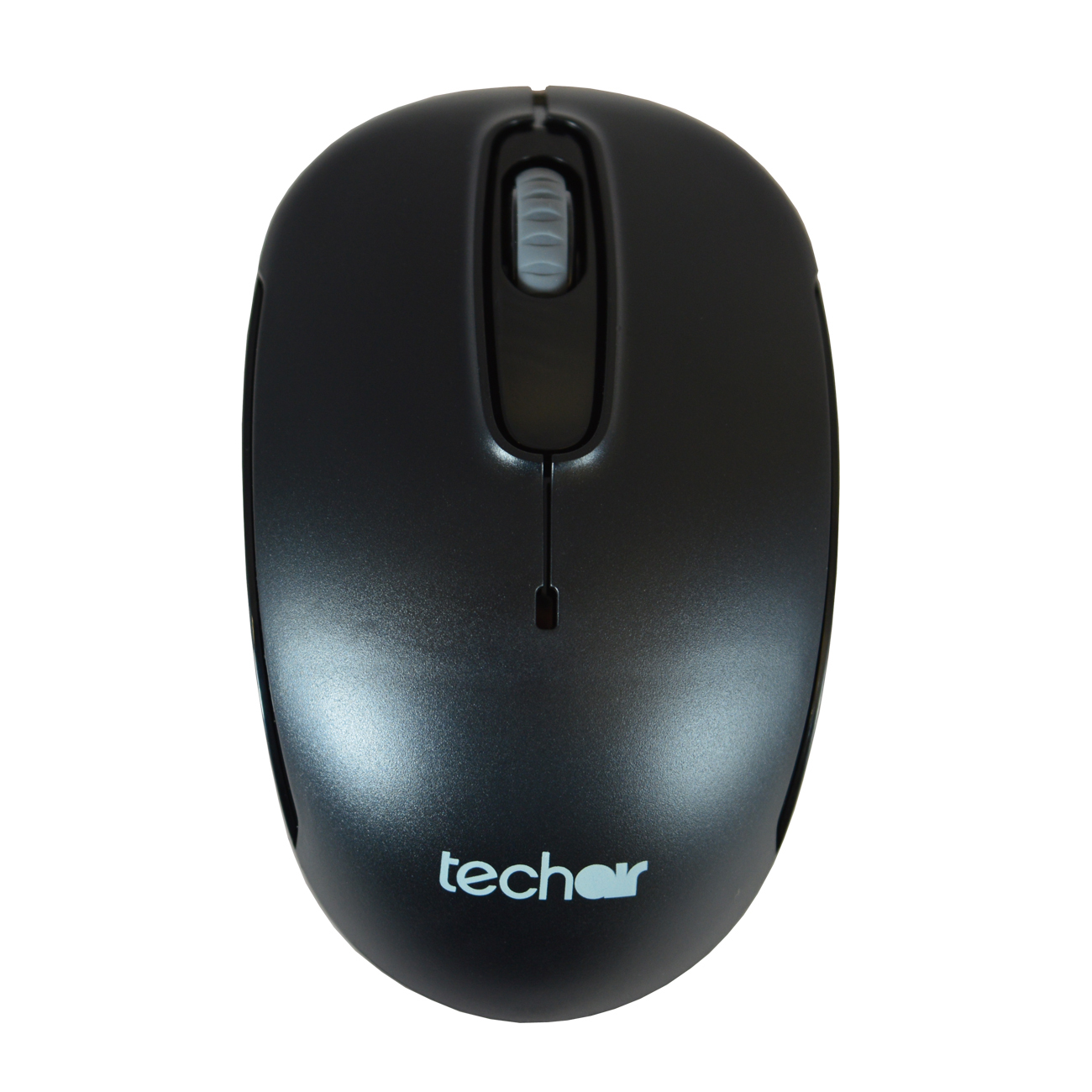 Un mouse per computer nero con una rotella di scorrimento e la scritta "techar" in bianco.