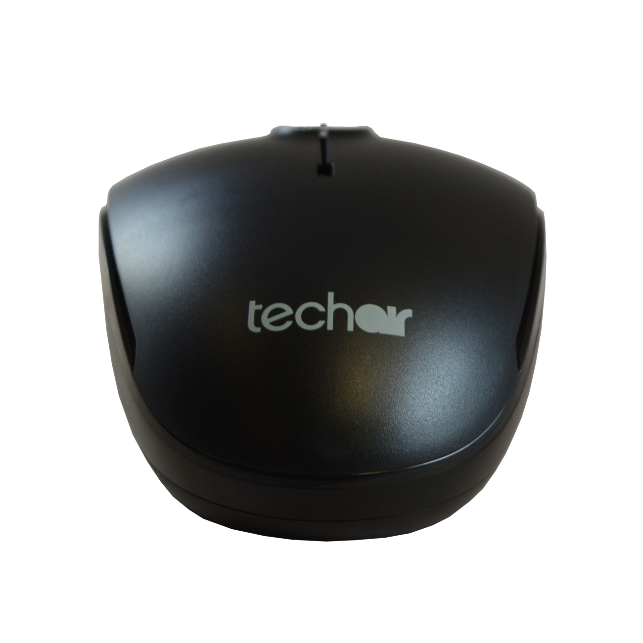 Mouse nero per computer con il logo 'techar' su sfondo bianco.