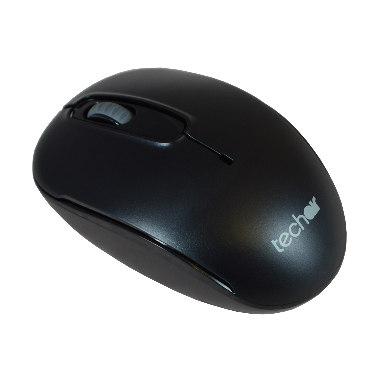 Mouse per computer nero con rotella e logo Techar su sfondo bianco.