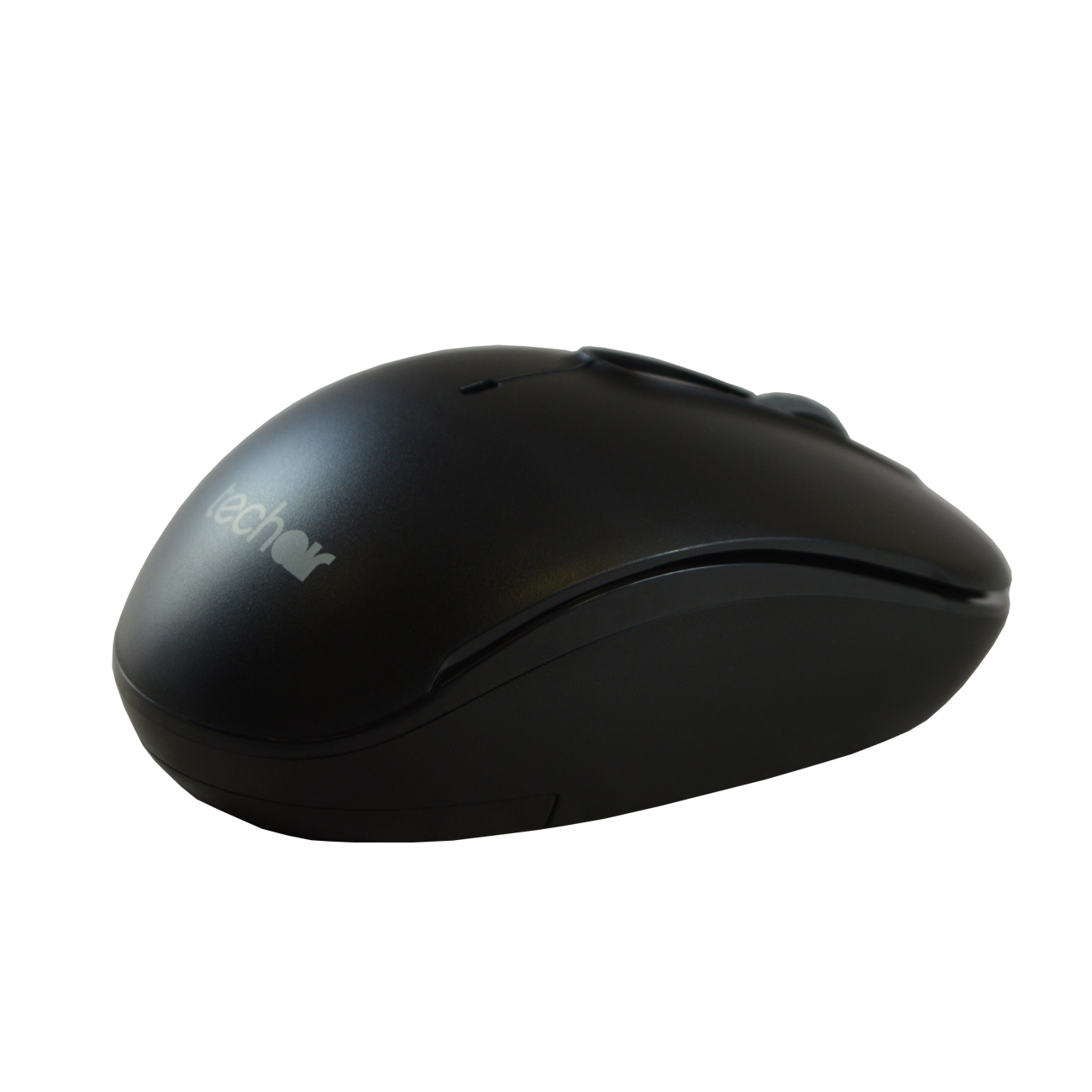 Mouse per computer nero con la parola 'techair' sul lato. È su uno sfondo bianco.
