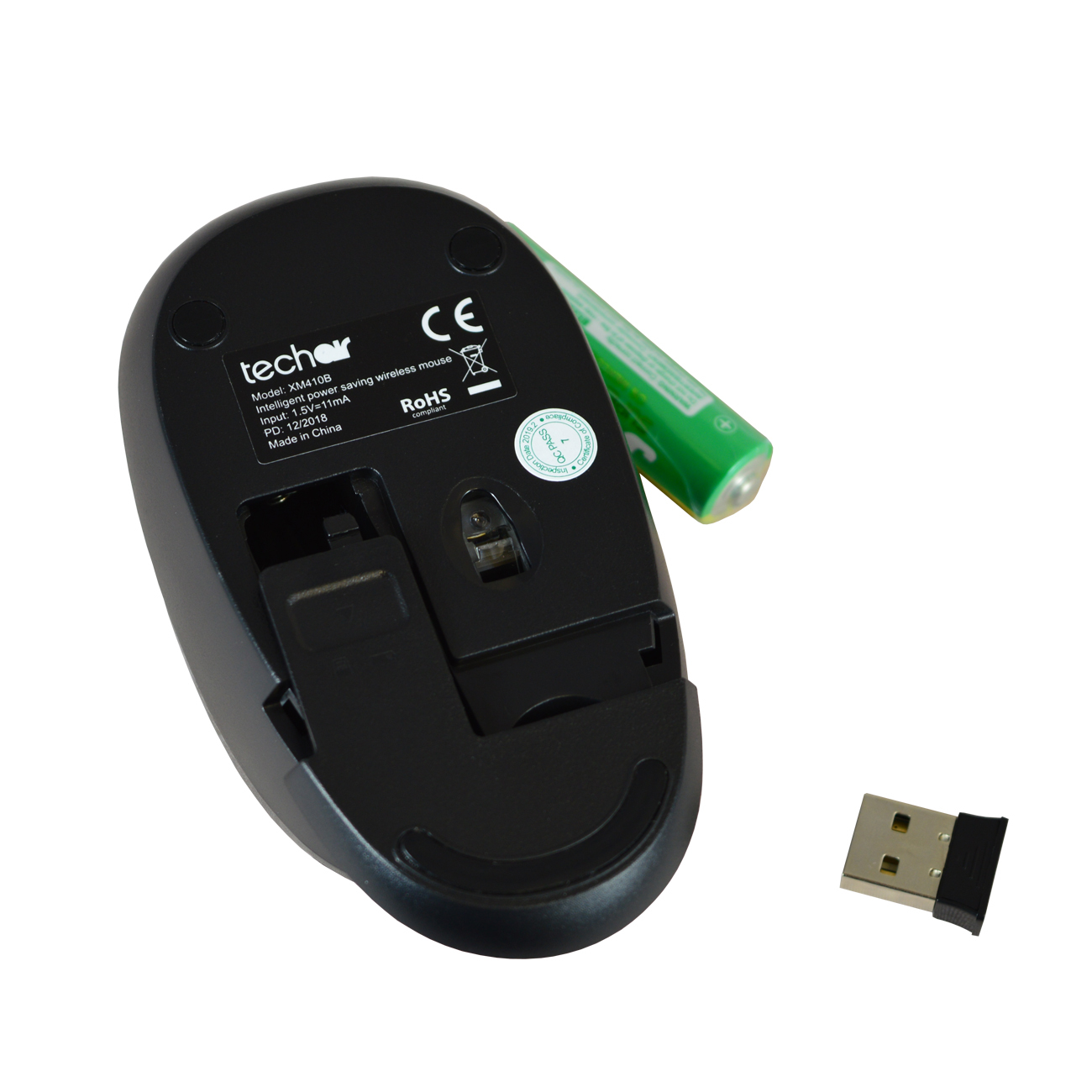 Mouse wireless nero, vista inferiore, con batteria e ricevitore USB.