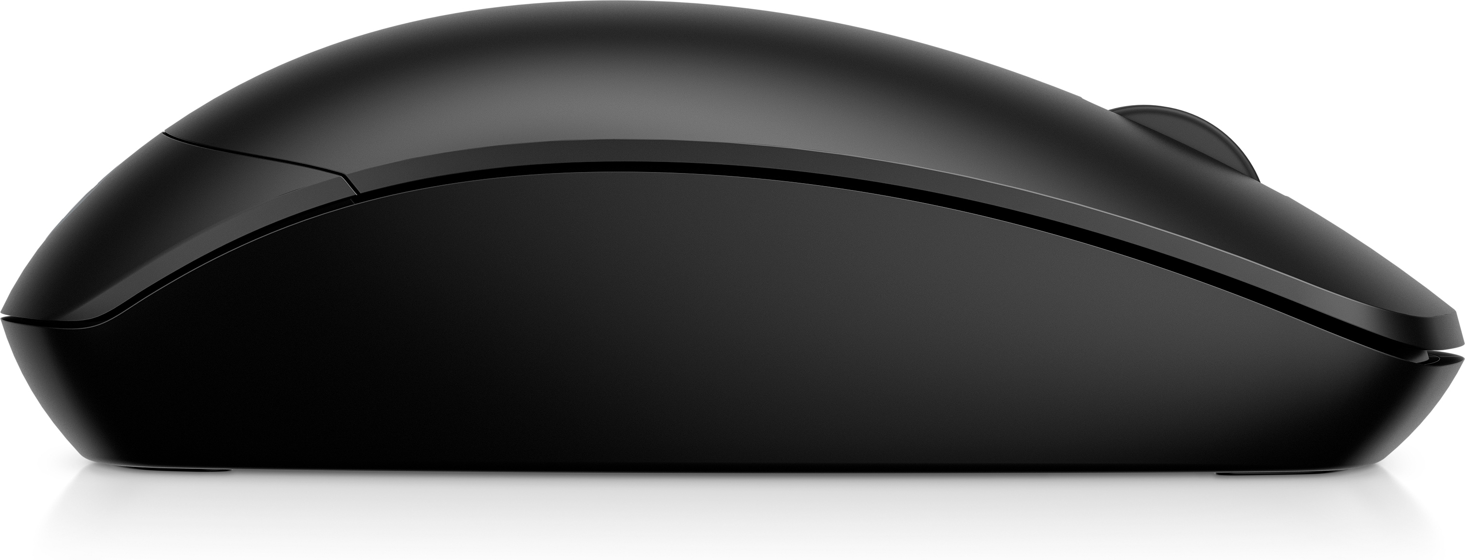 Mouse per computer nero. Il mouse ha un corpo nero e un profilo basso.