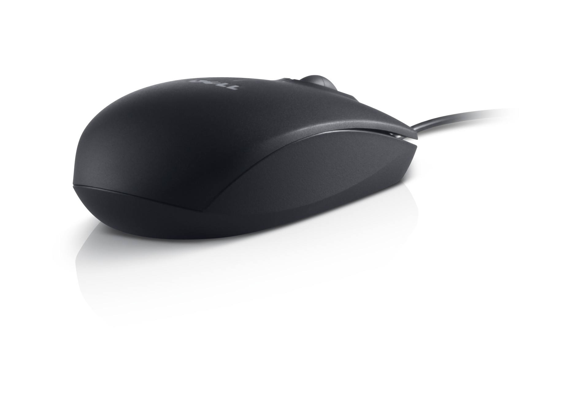 Un mouse Dell nero su sfondo bianco. Il mouse ha un cavo.