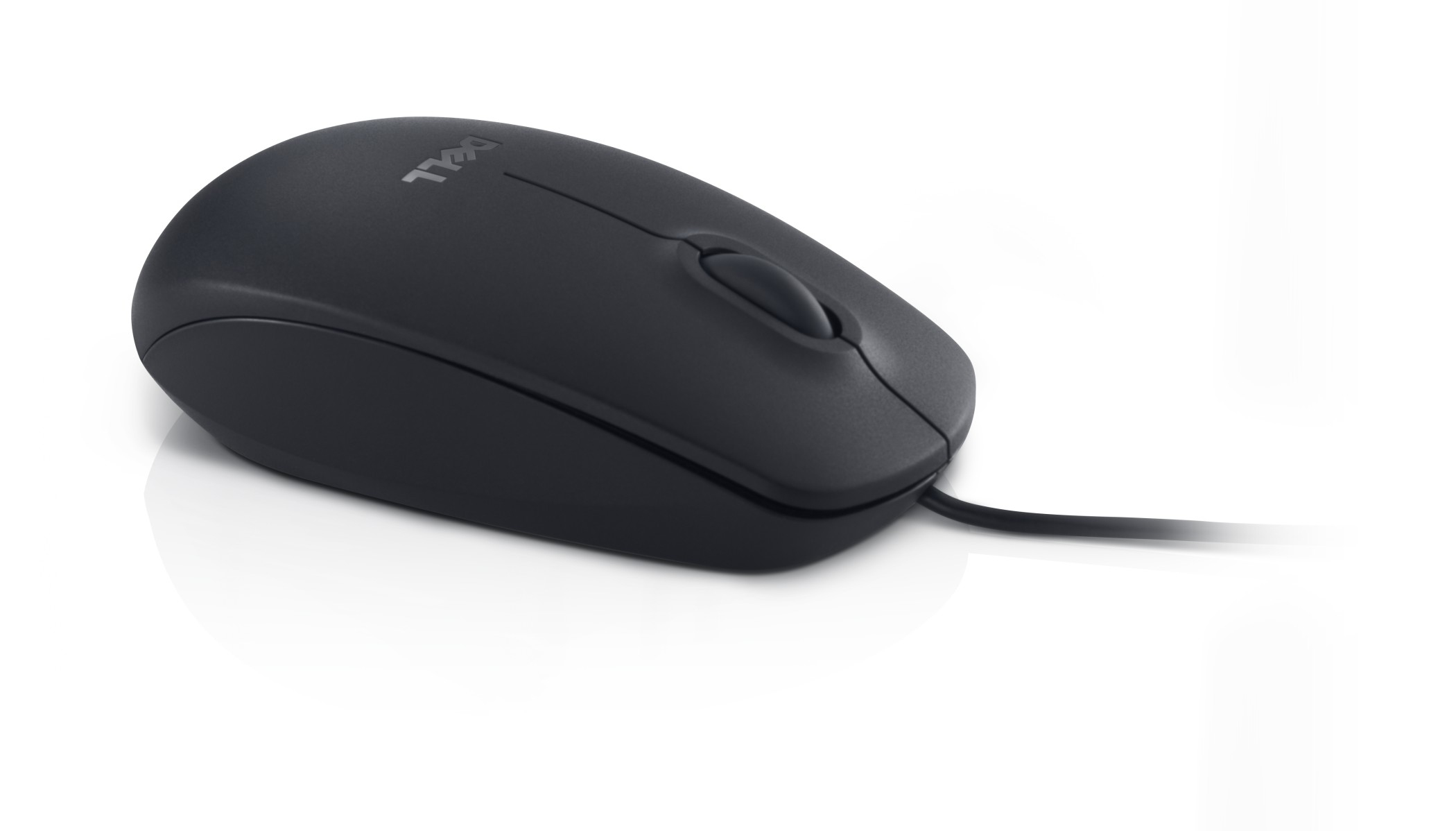 Mouse Dell nero con cavo, su una superficie bianca. Il mouse ha una rotella di scorrimento.