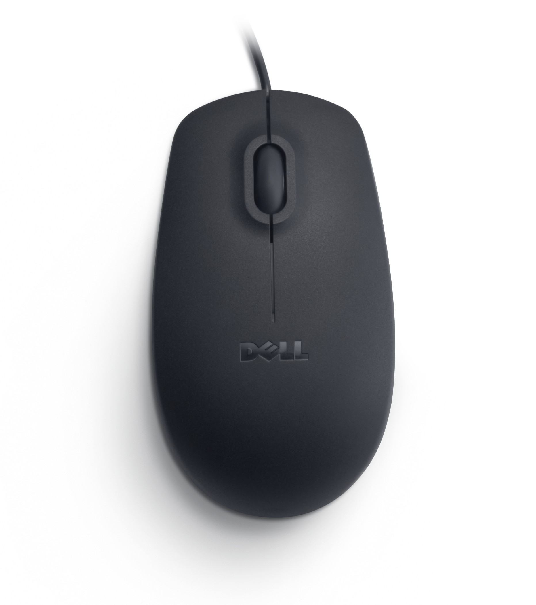 Mouse per computer Dell nero. Rotella di scorrimento e logo Dell. Corpo nero. Sfondo bianco.