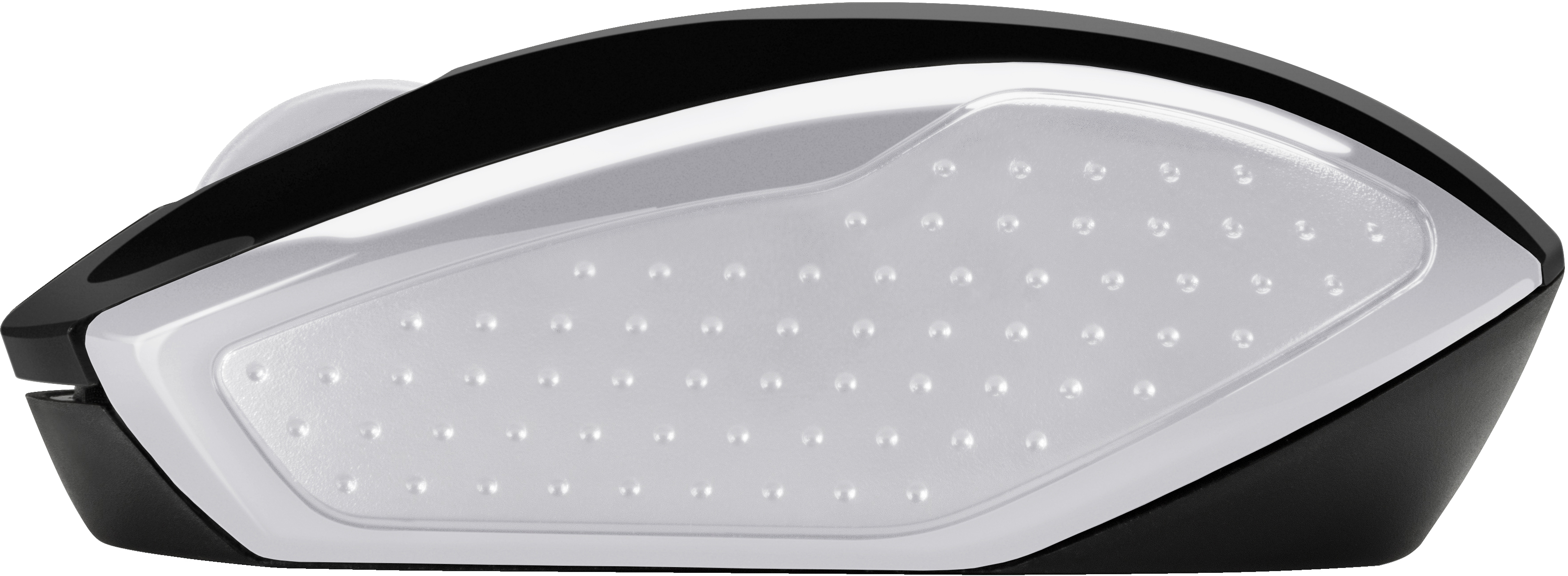 Widok z boku czarno-białej myszy komputerowej. Spód jest biały i teksturowany z wgłębieniami.