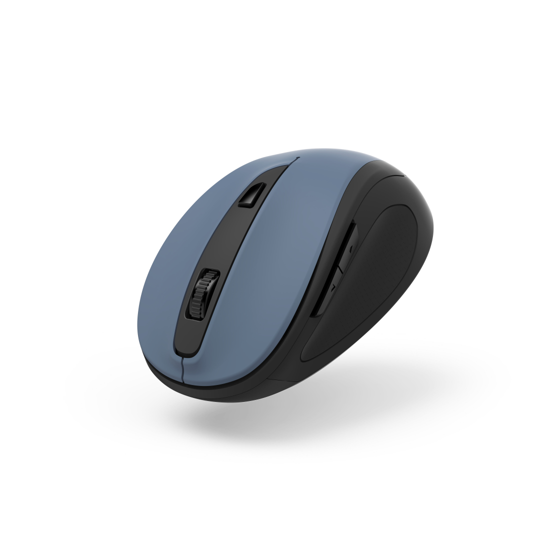 Mouse per computer blu e nero. Ha una rotella e due pulsanti sul lato sinistro.