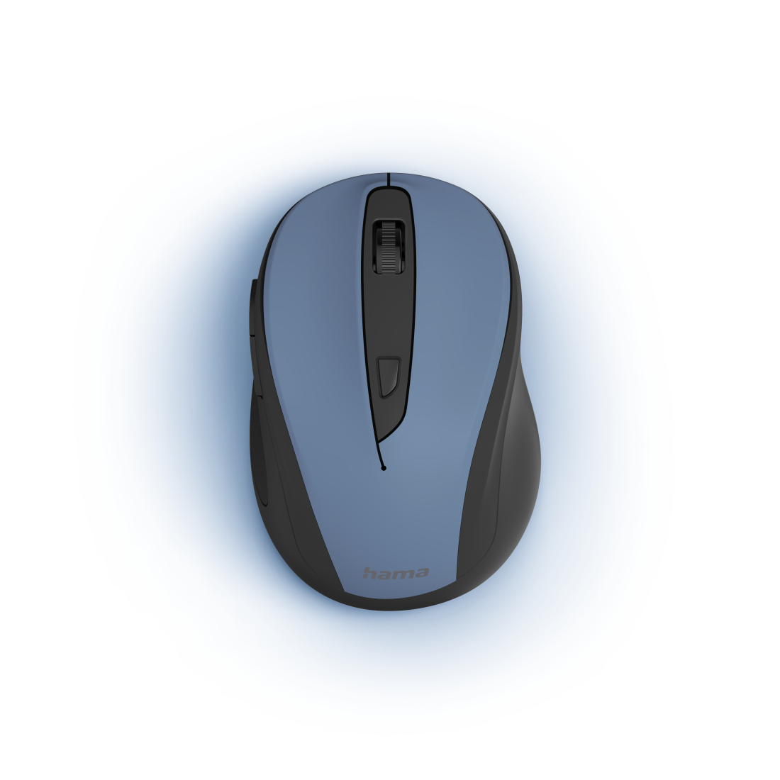 Mouse per computer blu e nero. La parte superiore è blu e la base è nera.