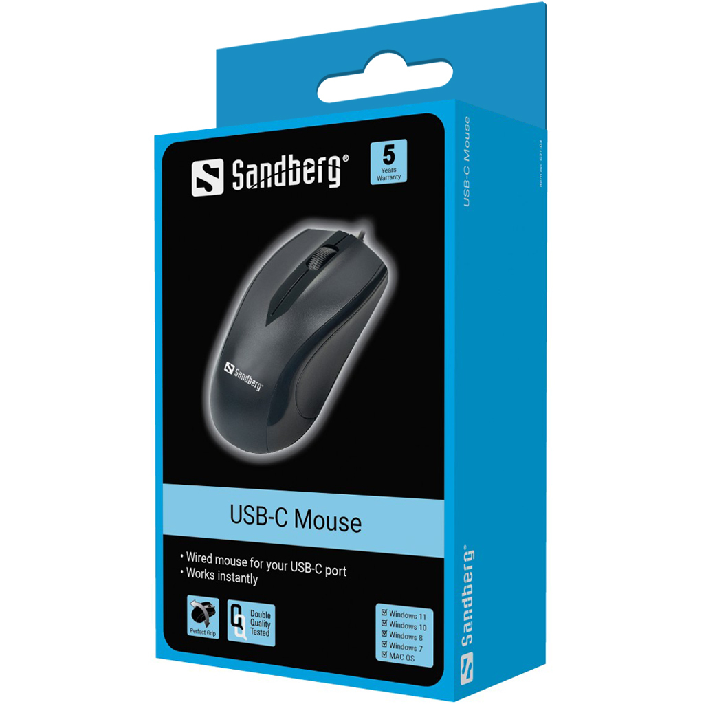 Ratón Sandberg USB-C en caja azul. El ratón es negro. La caja tiene logo y texto. Fondo blanco.