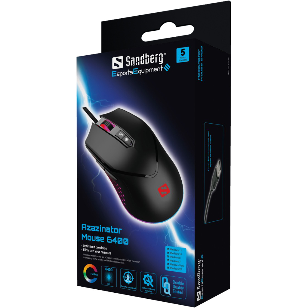 Zwarte en rode gamingmuis in een doos. Het heeft een rood Sandberg-logo en 5 jaar garantie.