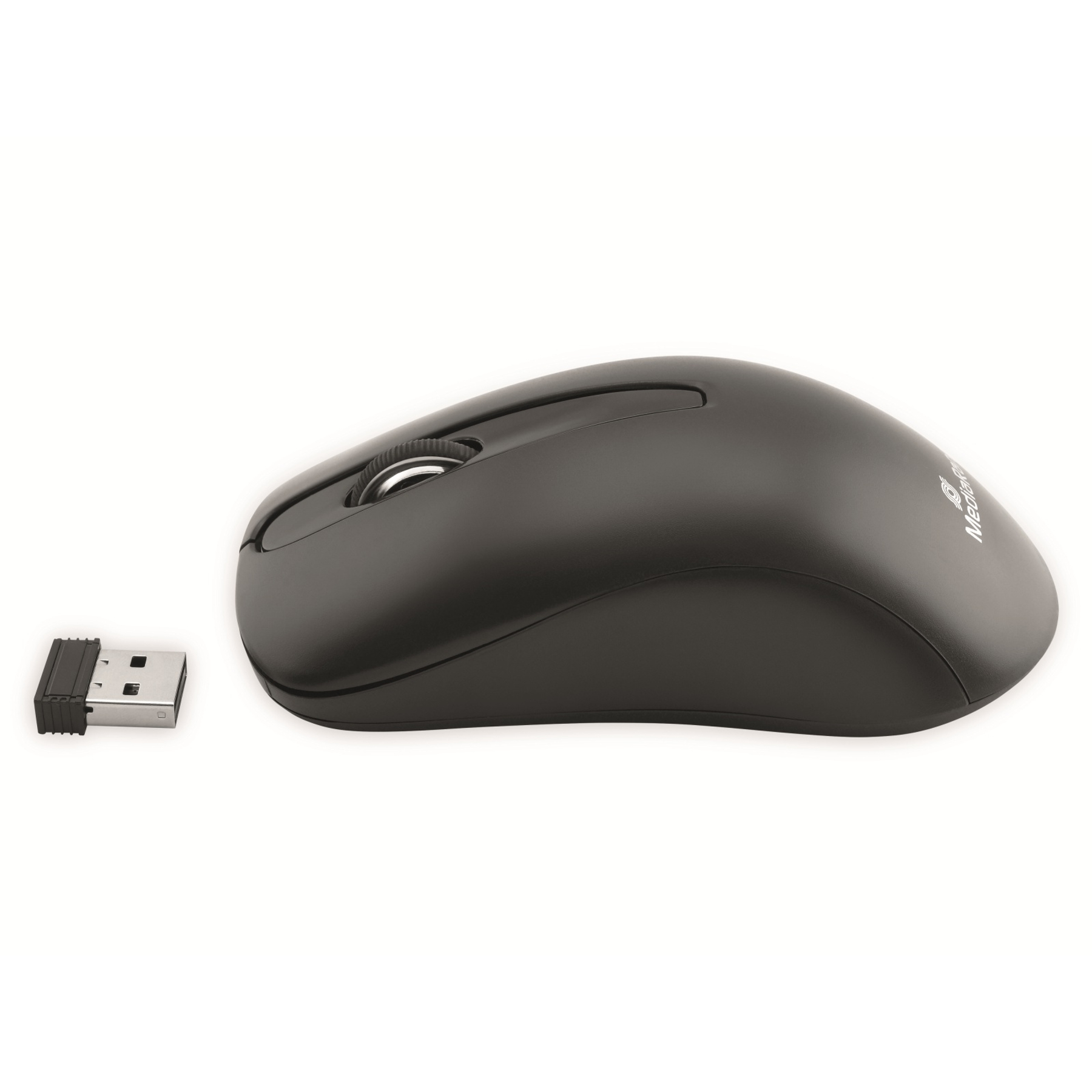 Mouse per computer nero con ricevitore USB. Il mouse è wireless.