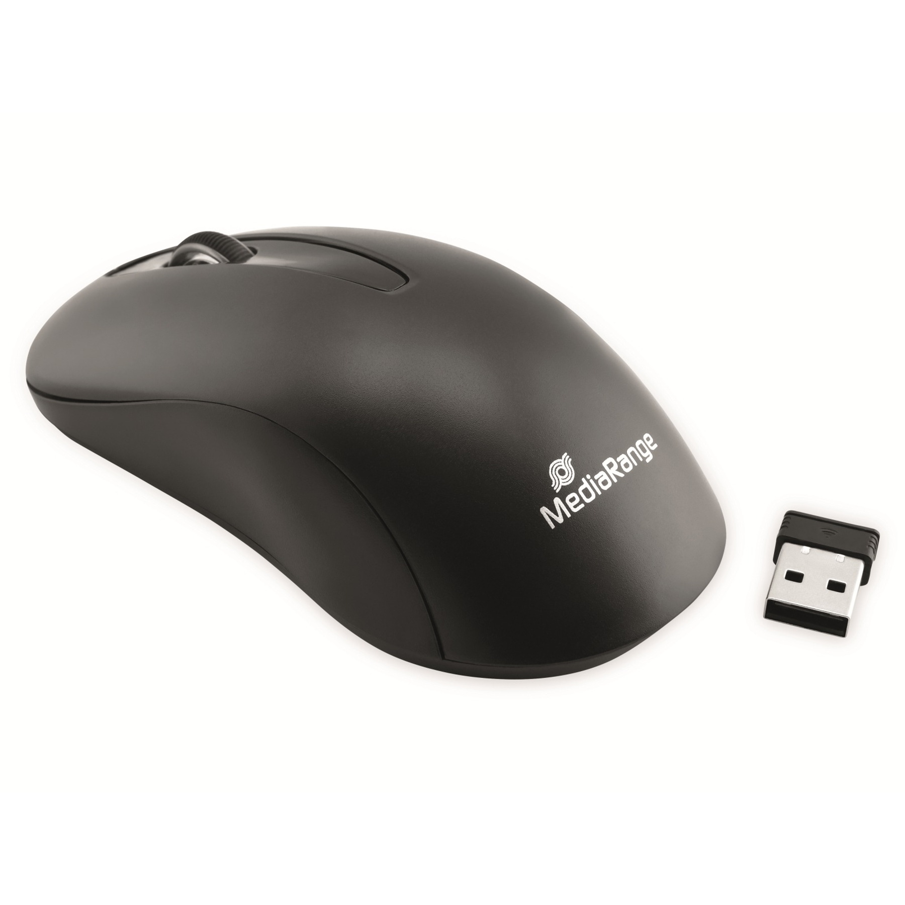 Un mouse wireless nero e un ricevitore USB su sfondo bianco. Il mouse è marchiato MediaRange.