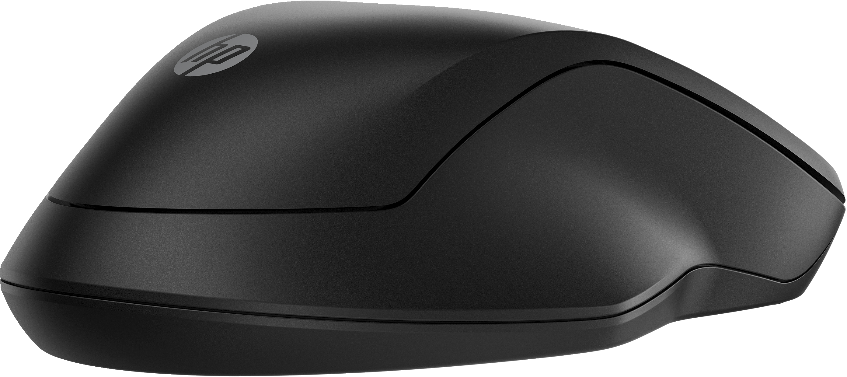 Un mouse HP nero con logo HP grigio sopra, vista laterale su sfondo bianco.