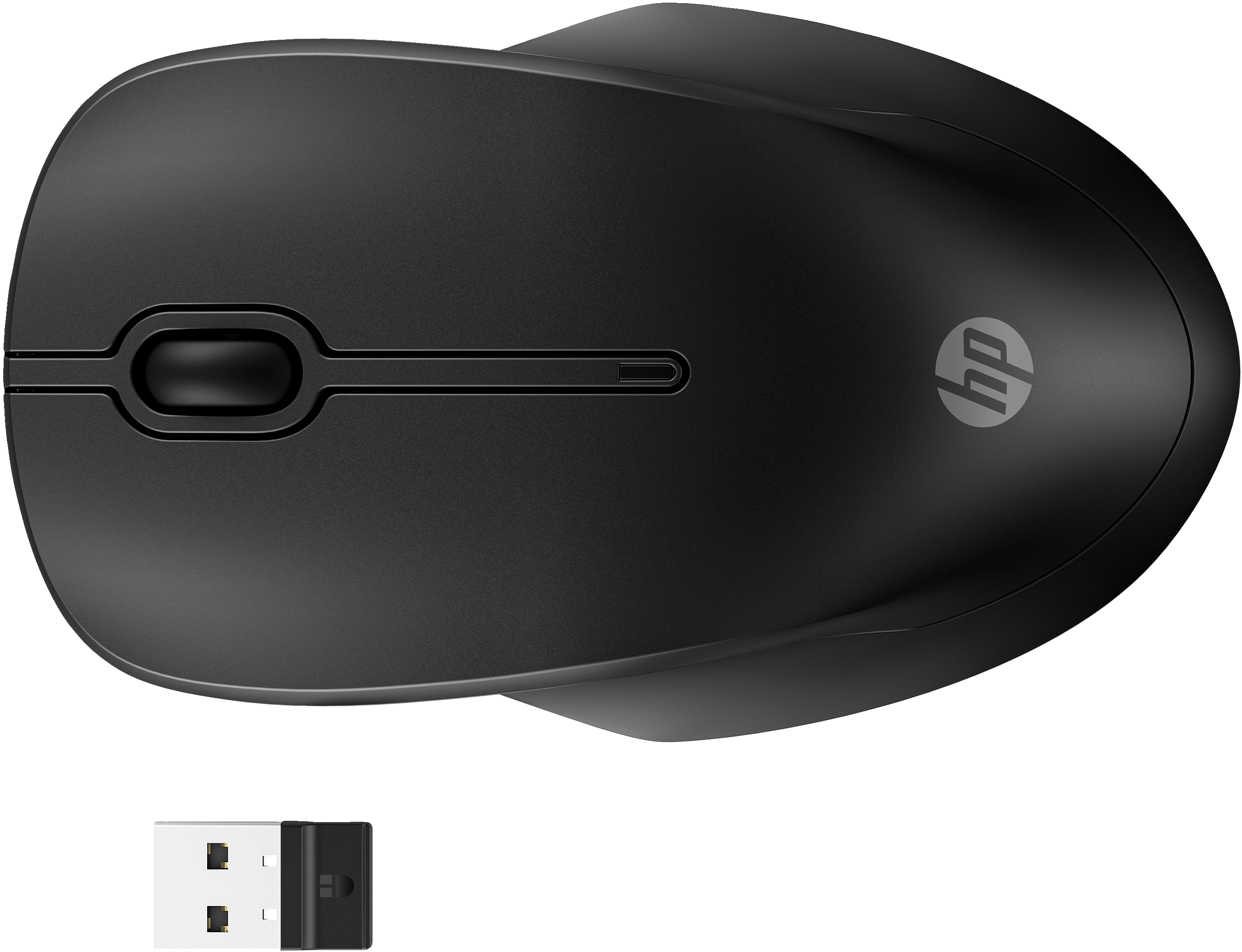Mouse per computer nero con ricevitore USB. Il mouse ha un profilo basso e il logo HP.