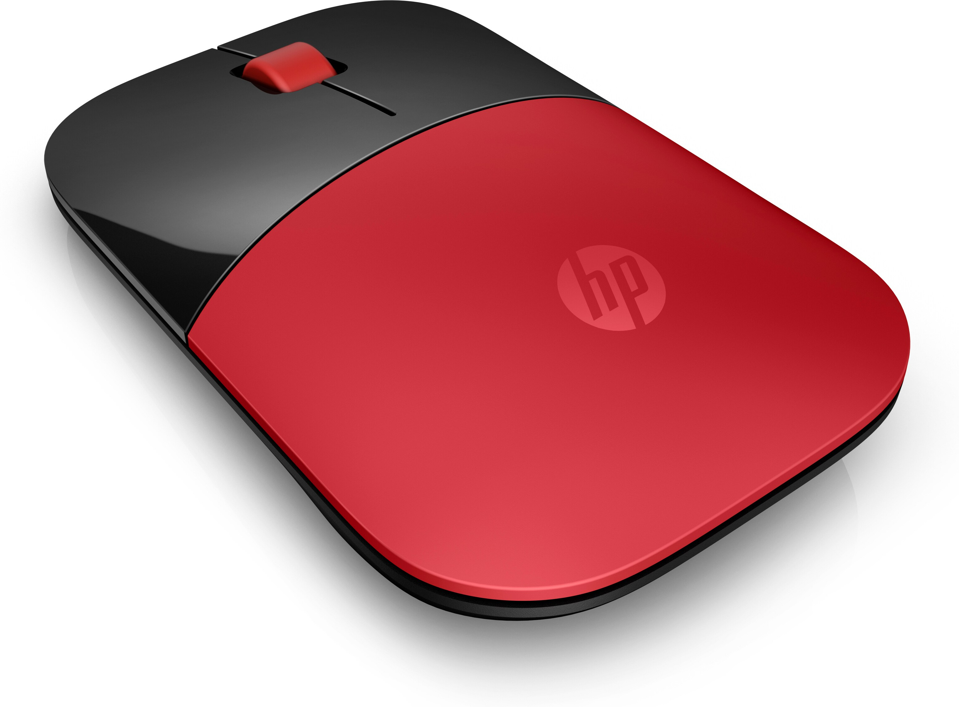 Mouse HP rosso e nero con parte superiore rossa lucida e base nera, su sfondo bianco.