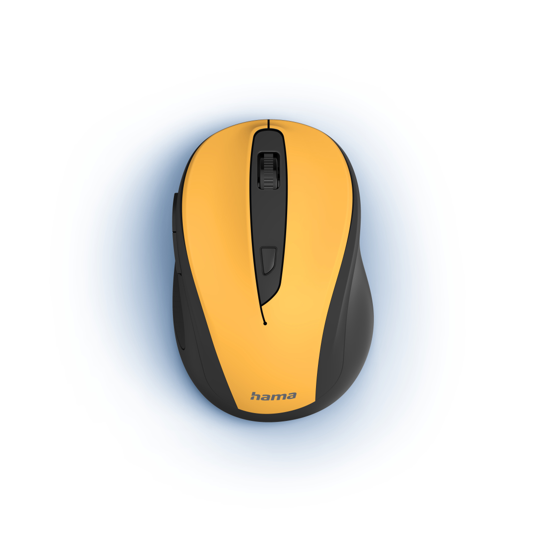 Mouse per computer arancione e nero con rotella, su sfondo bianco.