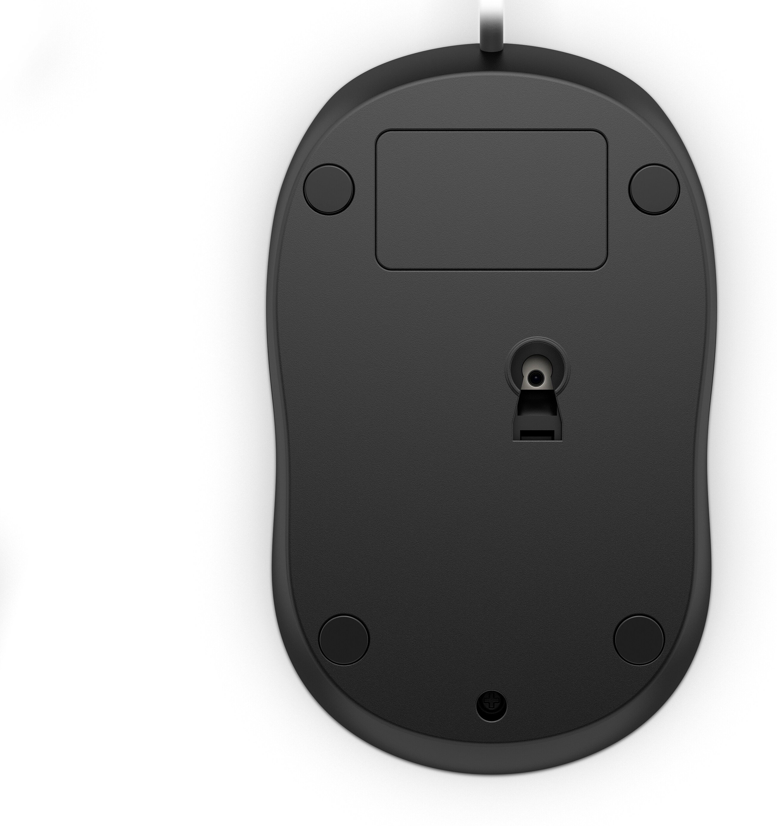 Dessous noir d'une souris d'ordinateur. Montre le capteur, les pieds et un autocollant.