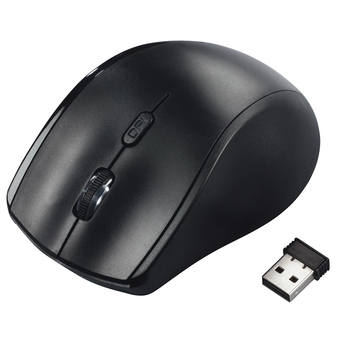 Schwarze Maus mit DPI-Taste und USB-Dongle.