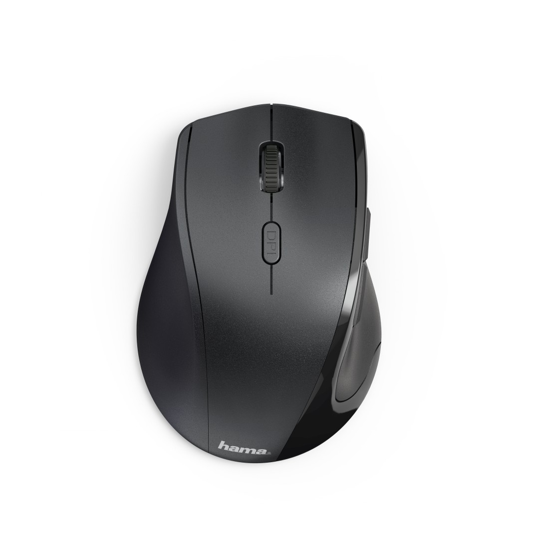 Eine schwarze ergonomische Maus. Die Maus hat ein Scrollrad und ein Logo. Sie befindet sich auf weißem Hintergrund.