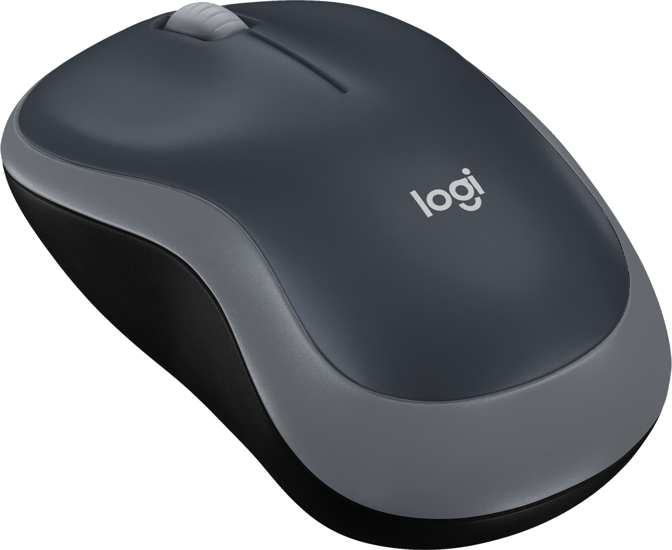 Un mouse Logitech grigio scuro con una rotella di scorrimento e due pulsanti. Lo sfondo è bianco.