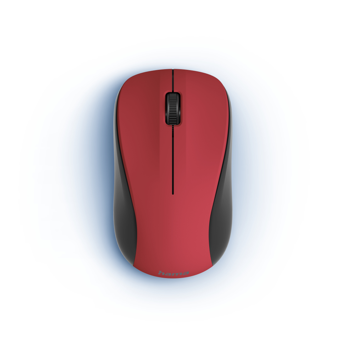 Un mouse per computer rosso e nero con rotella, visto dall'alto.