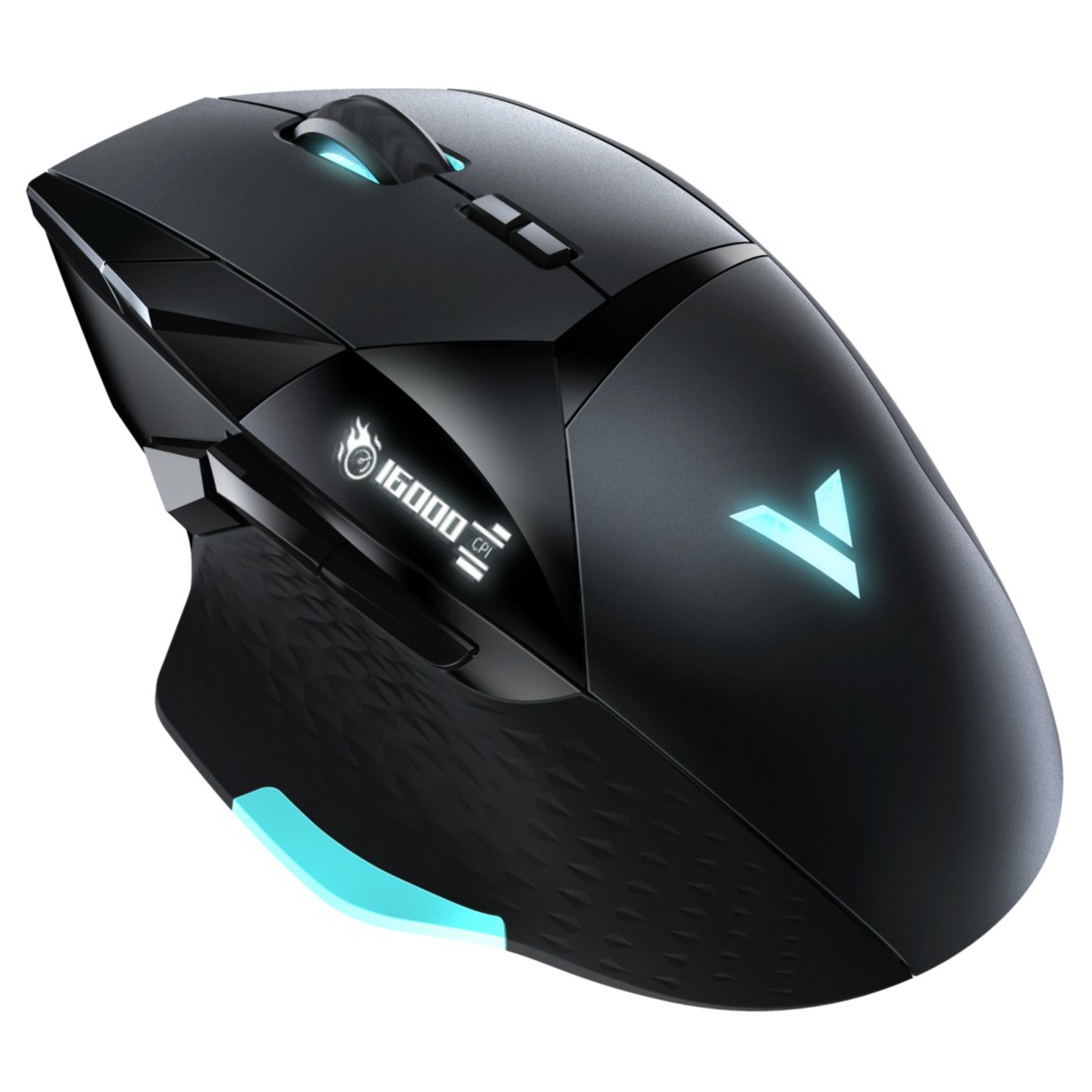 Czarna mysz do gier z niebieskimi światłami i wyświetlaczem. Jest na białym tle.