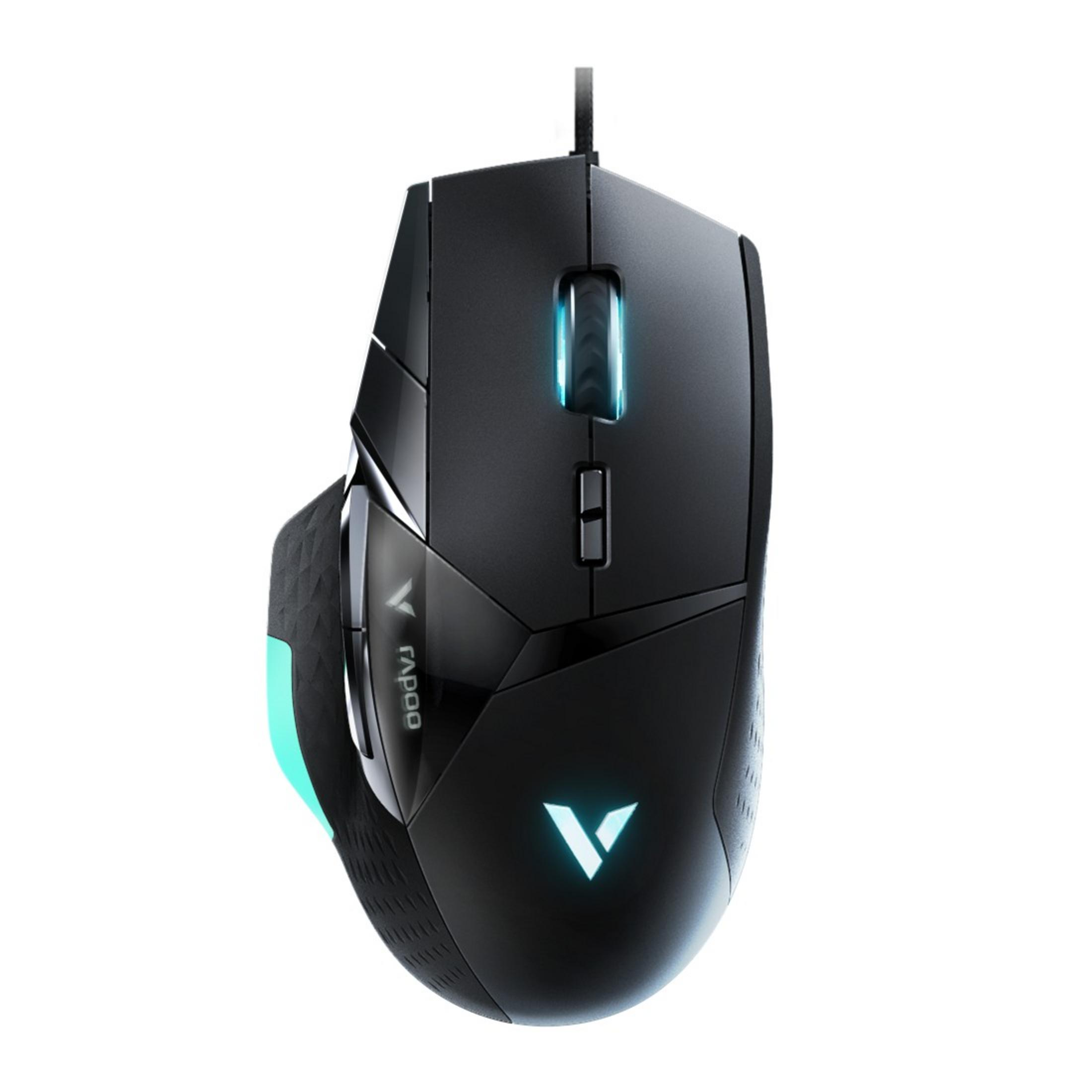 Mysz do gier, czarna, niebieskie akcenty i logo.