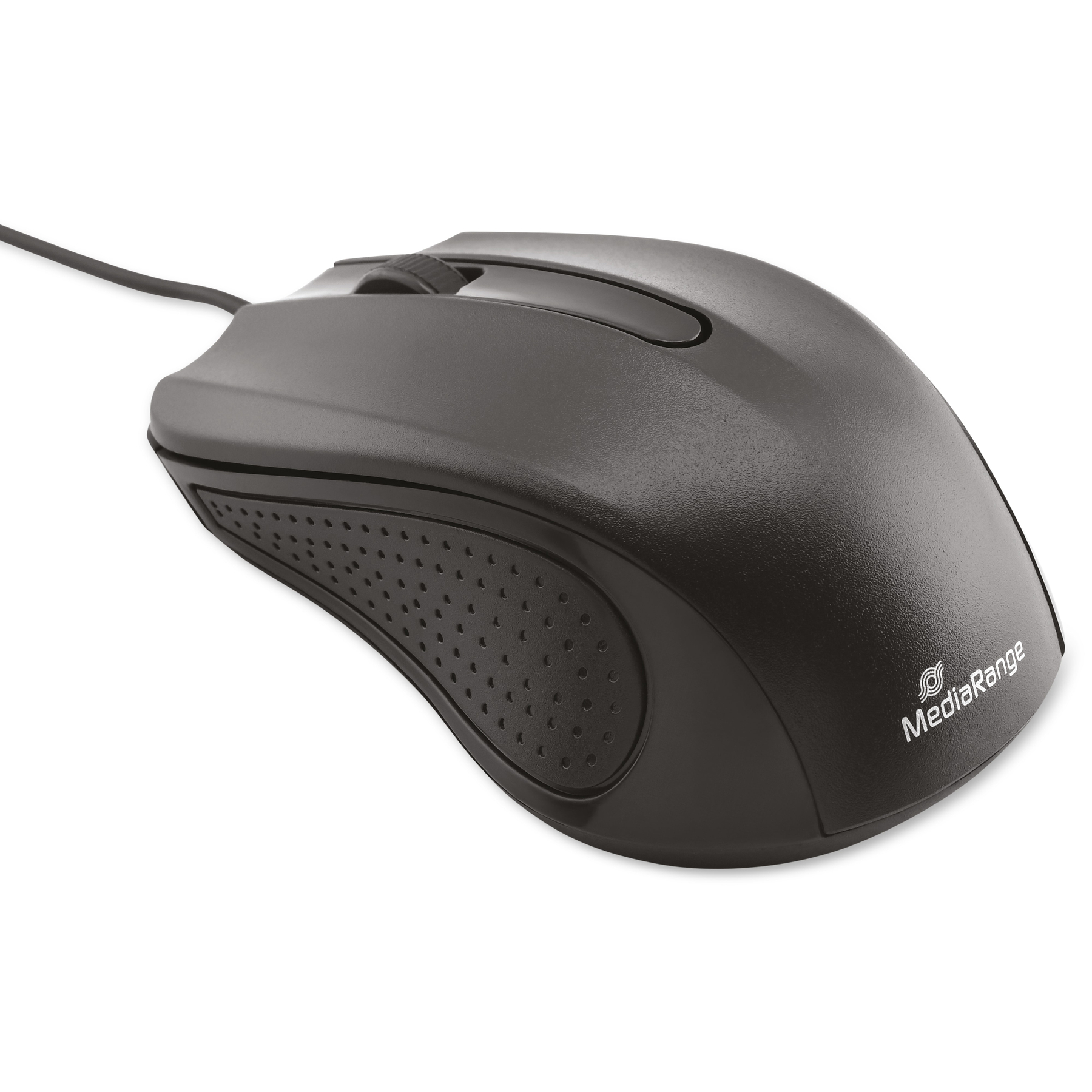 Czarna mysz z teksturowanym uchwytem i logo MediaRange. Izolowana.