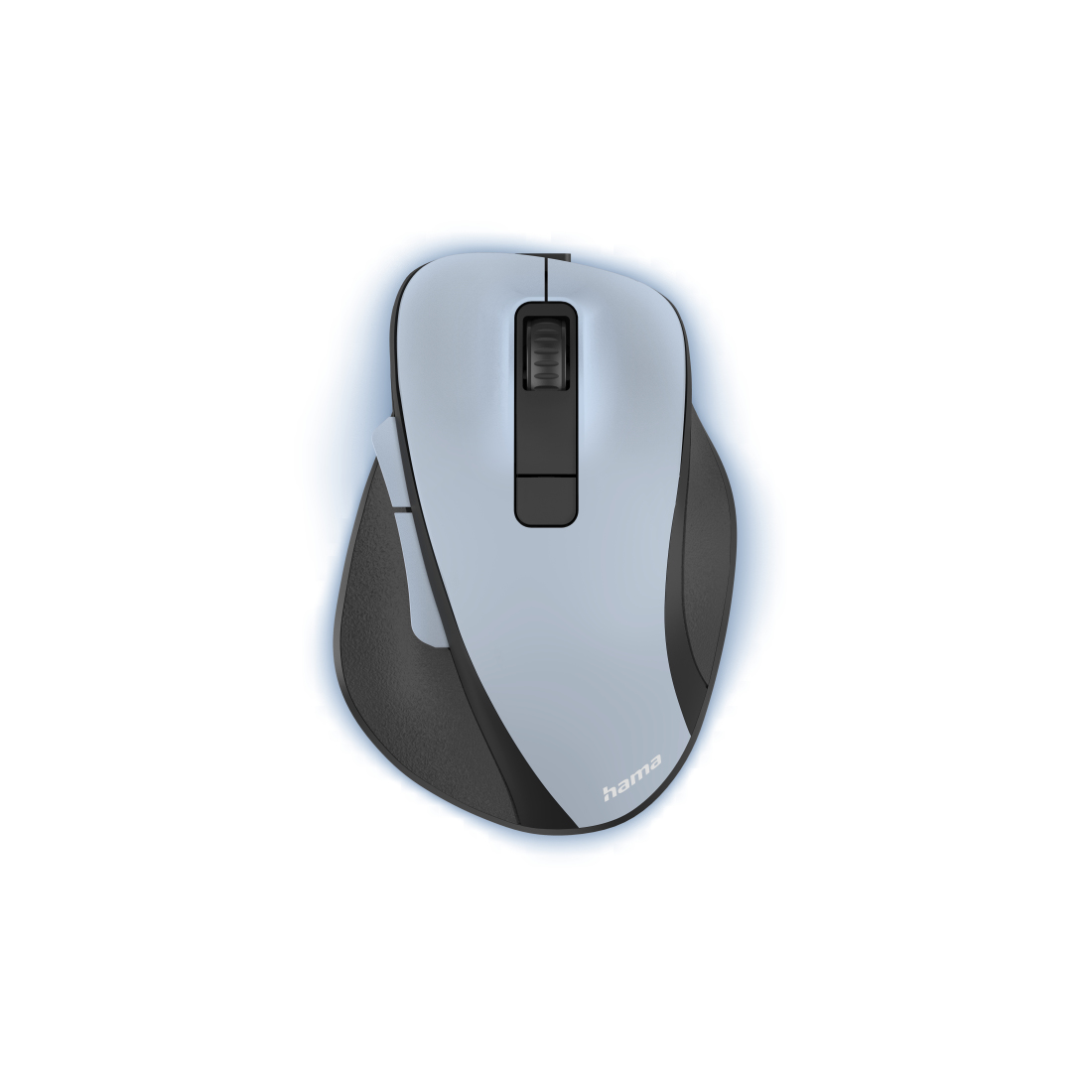 Mouse per computer grigio chiaro e nero su sfondo bianco, visto dall'alto.